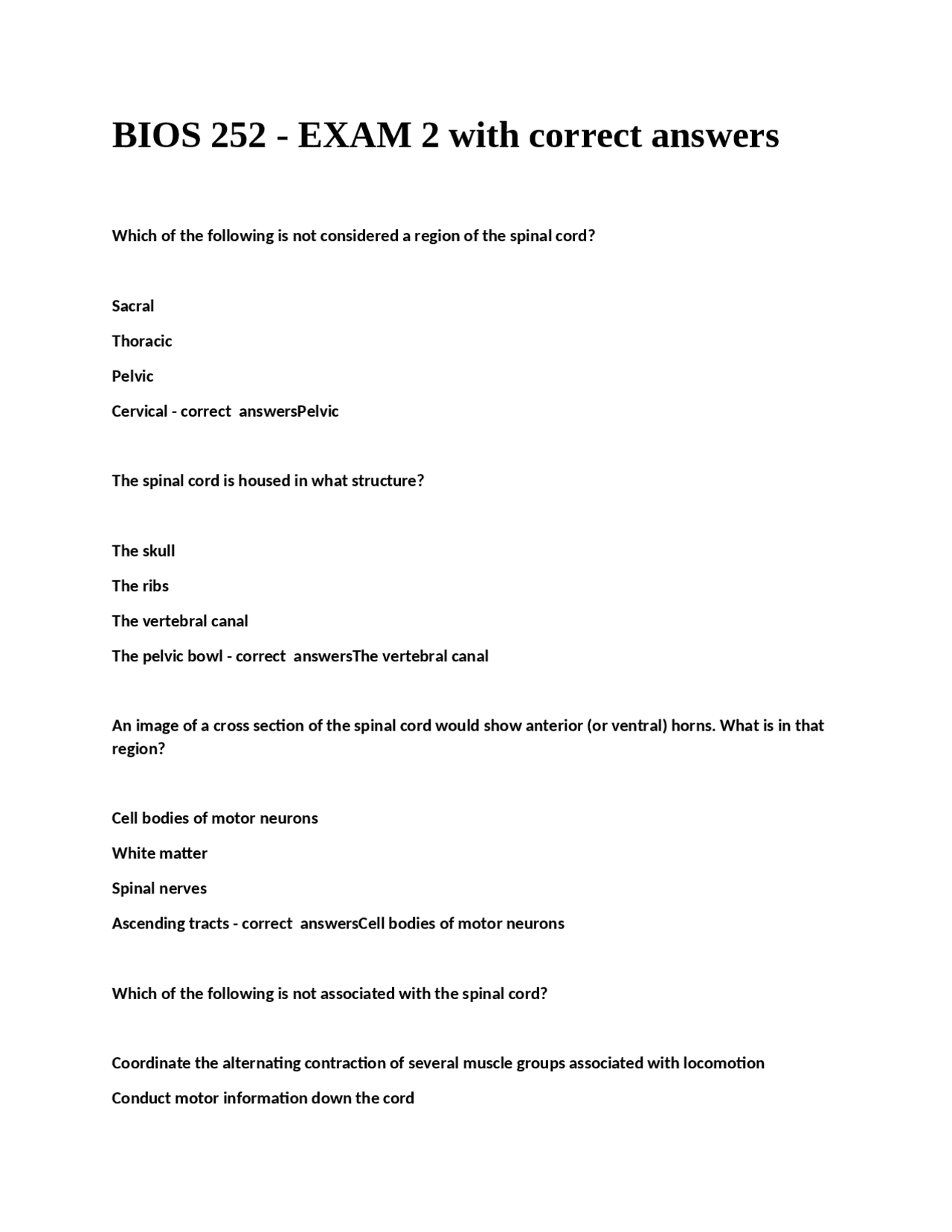 BIOS 252 - EXAM 2 with correct answers | Exams Nursing | Docsity