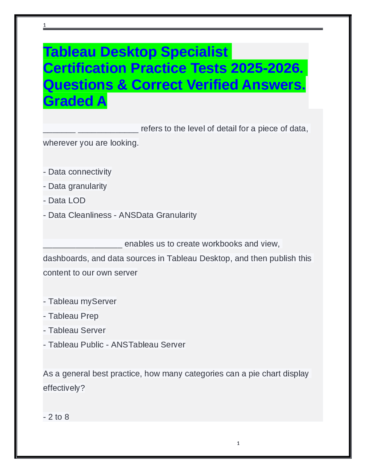Tableau Desktop Specialist Certification Practice Tests 2025-2026. Questions &amp; Answers | Exams ...