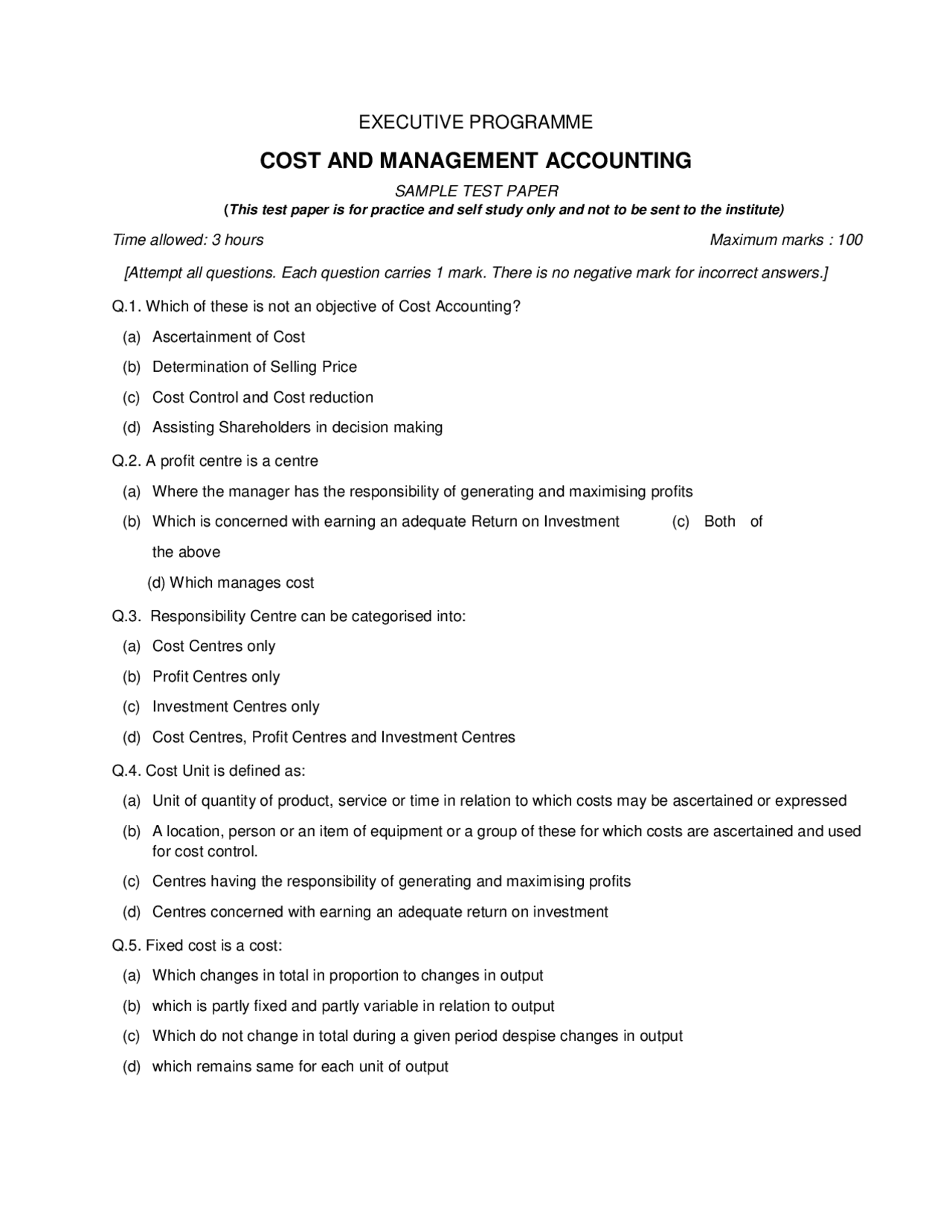 Cost and Management Accounting: Sample Test Paper for Practice | Exams ...