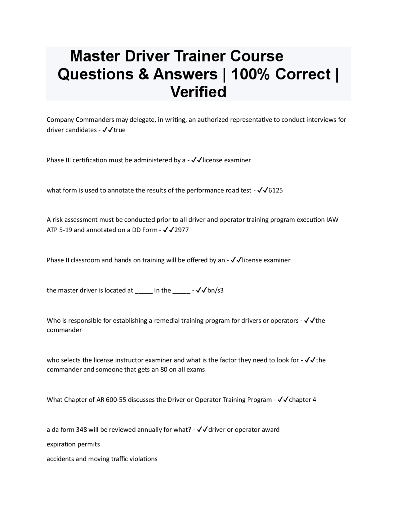 Master Driver Trainer Course Questions & Answers | 100% Correct ...