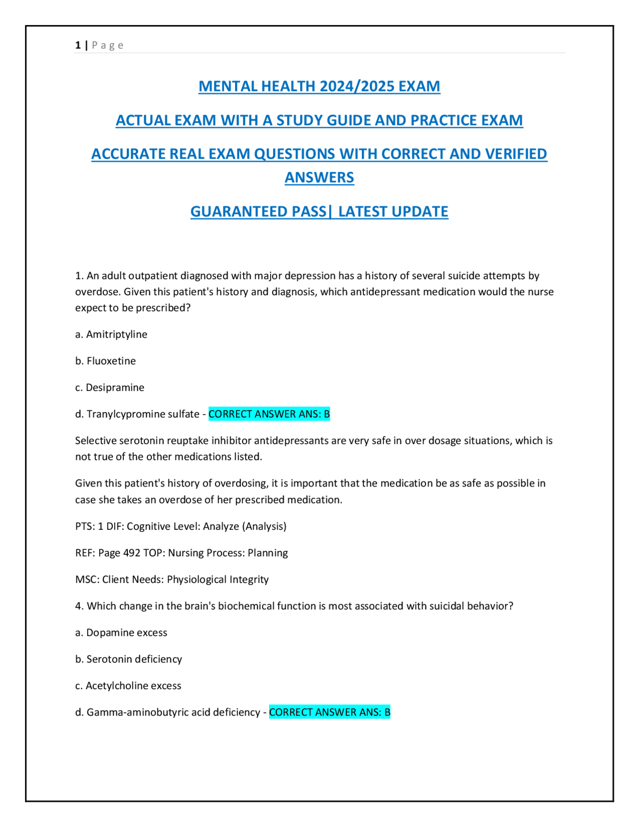 MENTAL HEALTH 2024/2025 EXAM ACTUAL EXAM WITH A STUDY GUIDE AND ...