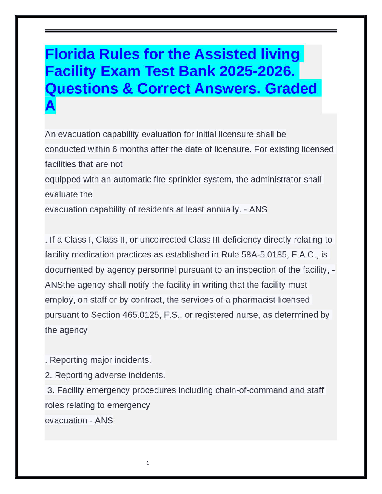 Florida Rules for the Assisted living Facility Exam Test Bank 2025-2026 ...