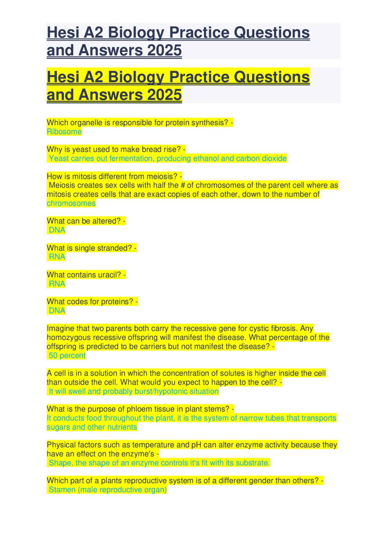Hesi A2 Biology Practice Questions and Answers 2025 Already Graded A+ ...