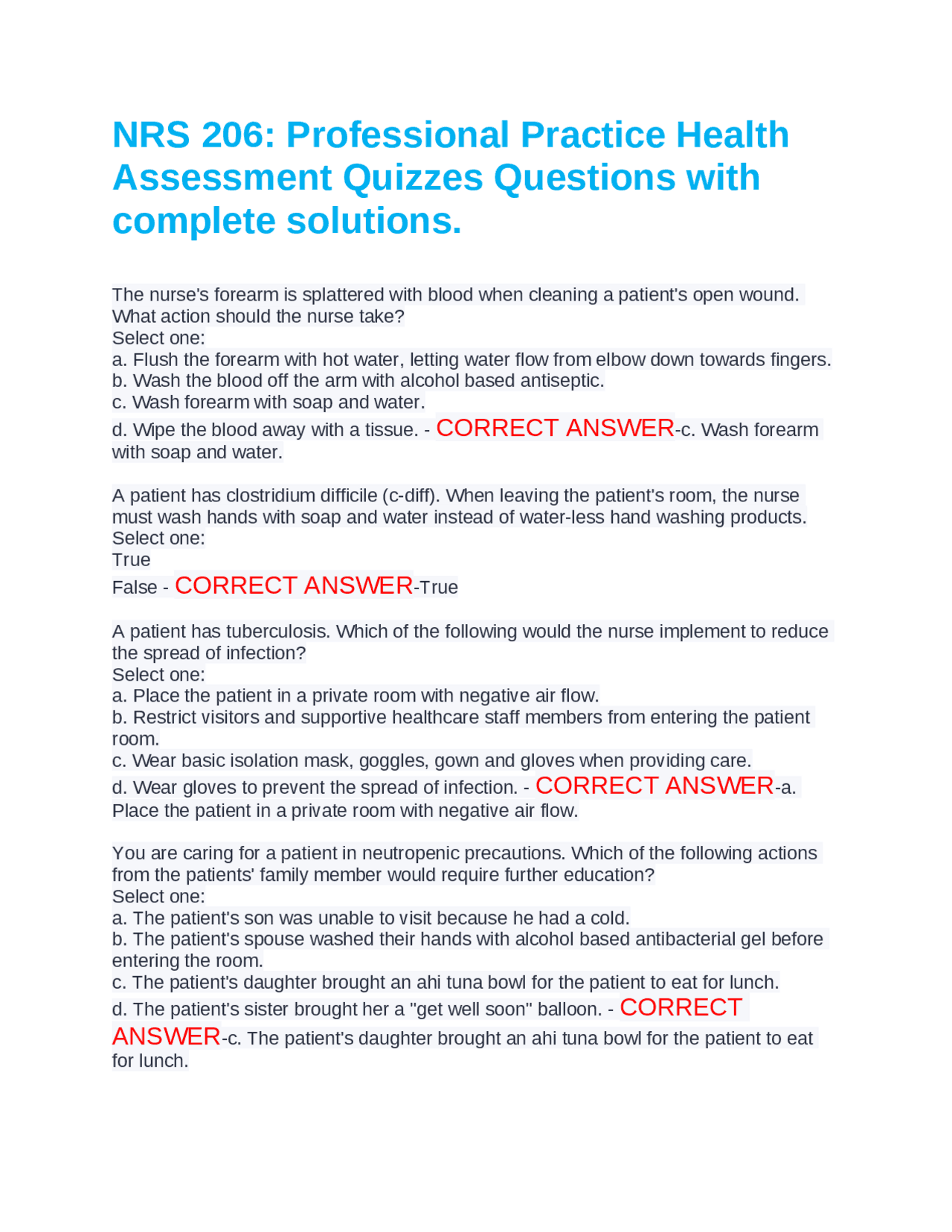 Health Assessment Quizzes with Complete Solutions | Exams Nursing | Docsity