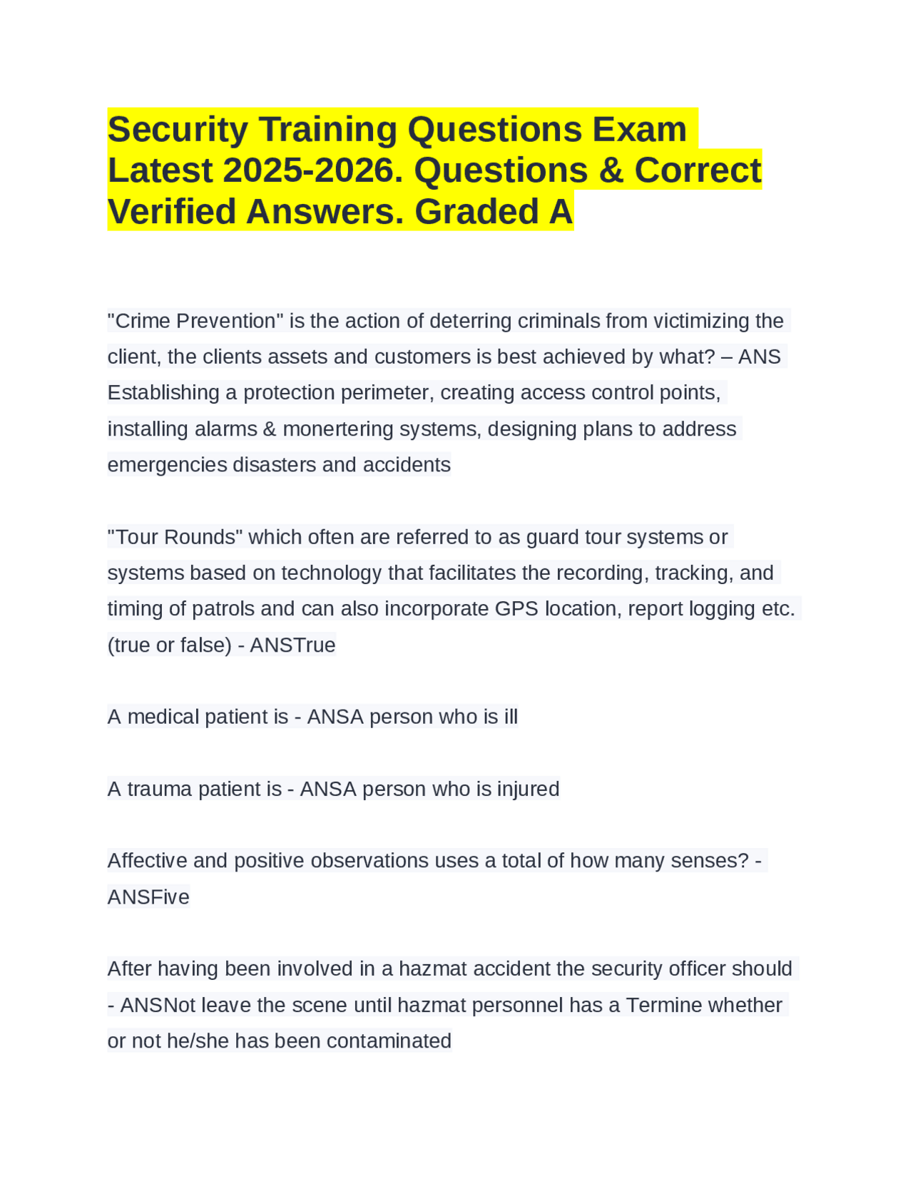Security Training Questions Exam Latest 2025-2026. Questions & Correct ...
