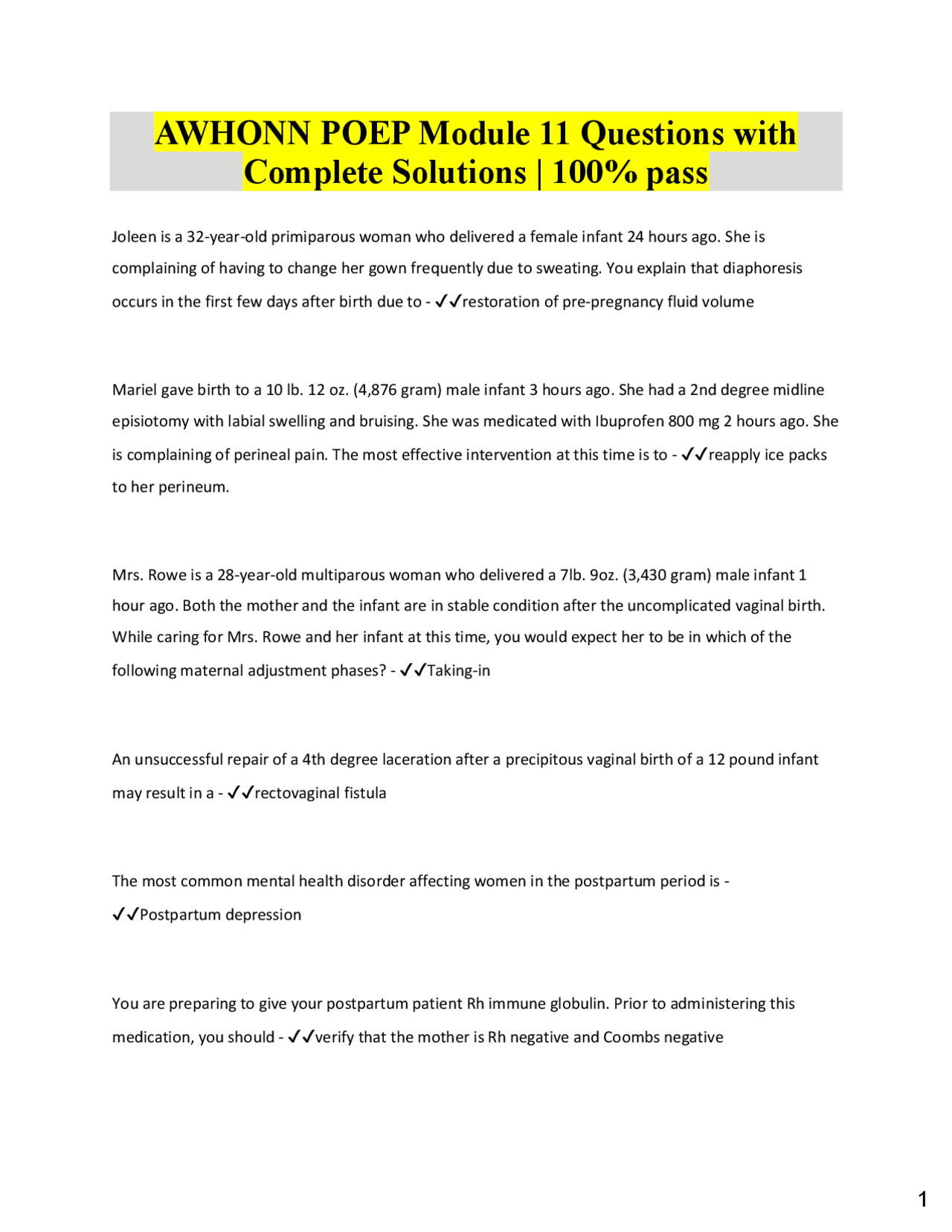 AWHONN POEP Module 11 Questions with Complete Solutions | 100% pass ...