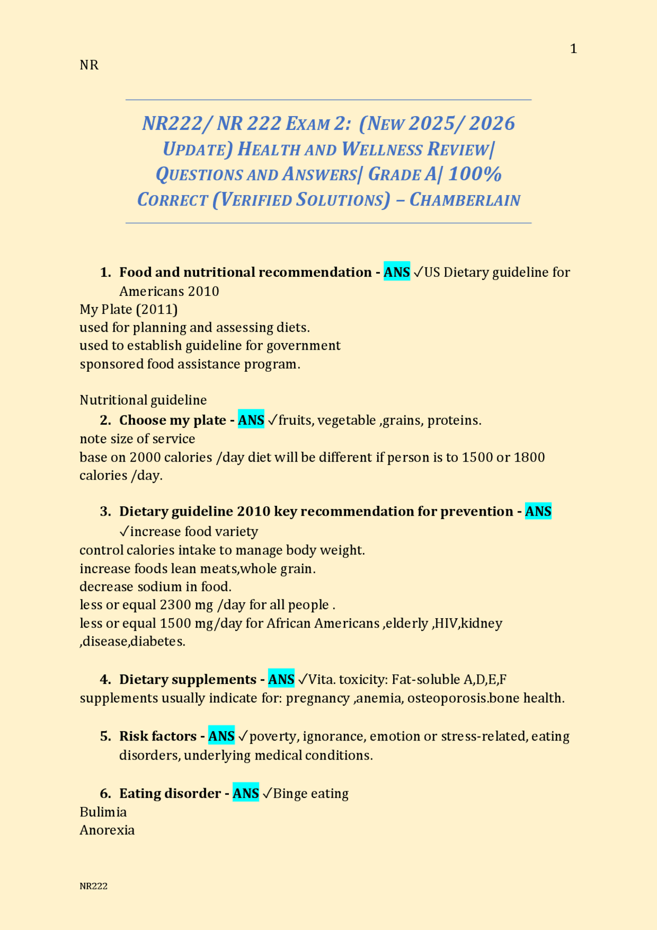 NR222/ NR 222 EXAM 2 NEW 2025/ 2026 HEALTH AND WELLNESS REVIEW ...