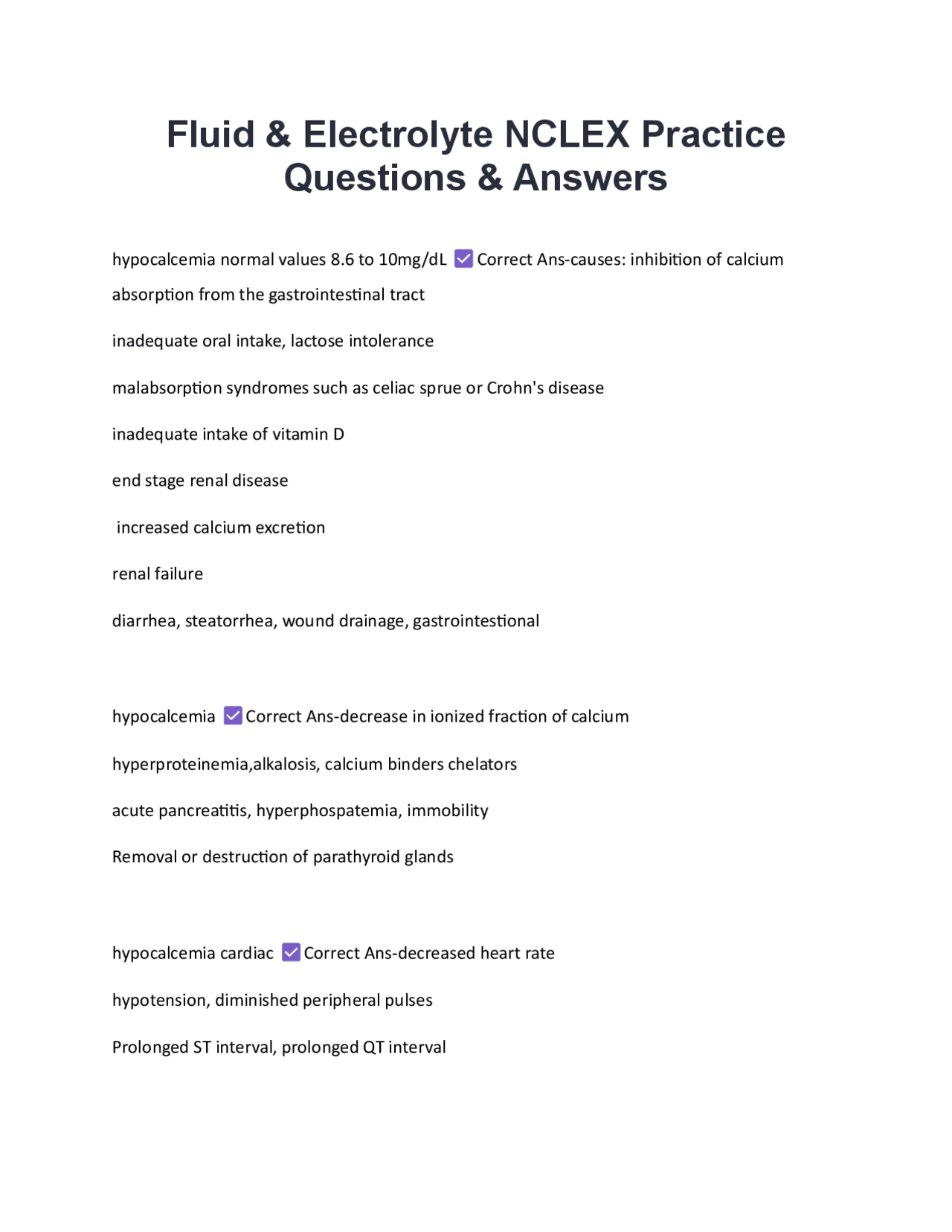 Fluid & Electrolyte NCLEX Practice Questions & Answers | Exams Nursing ...