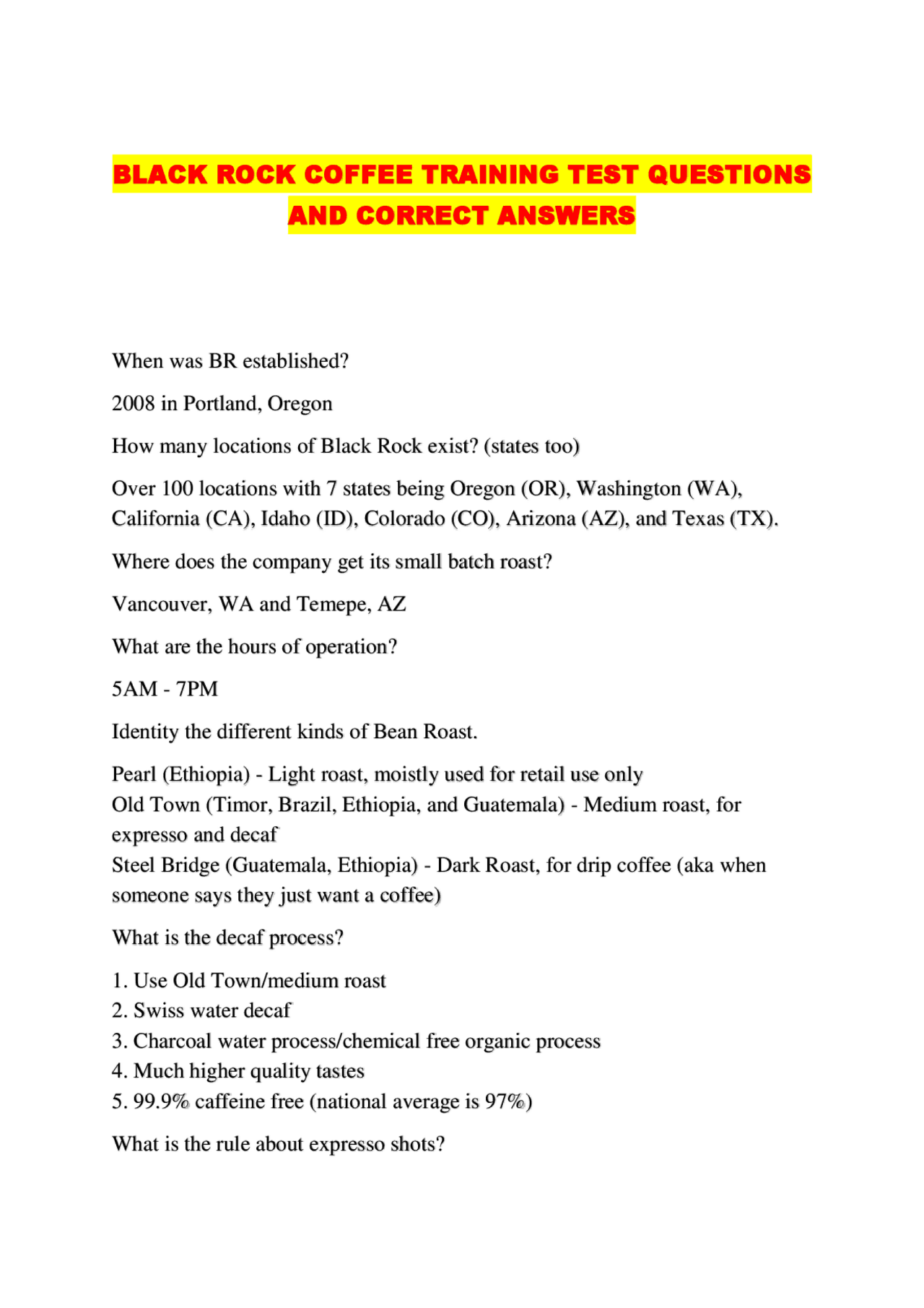 BLACK ROCK COFFEE TRAINING TEST QUESTIONS AND CORRECT ANSWERS | Exams Advanced Education | Docsity