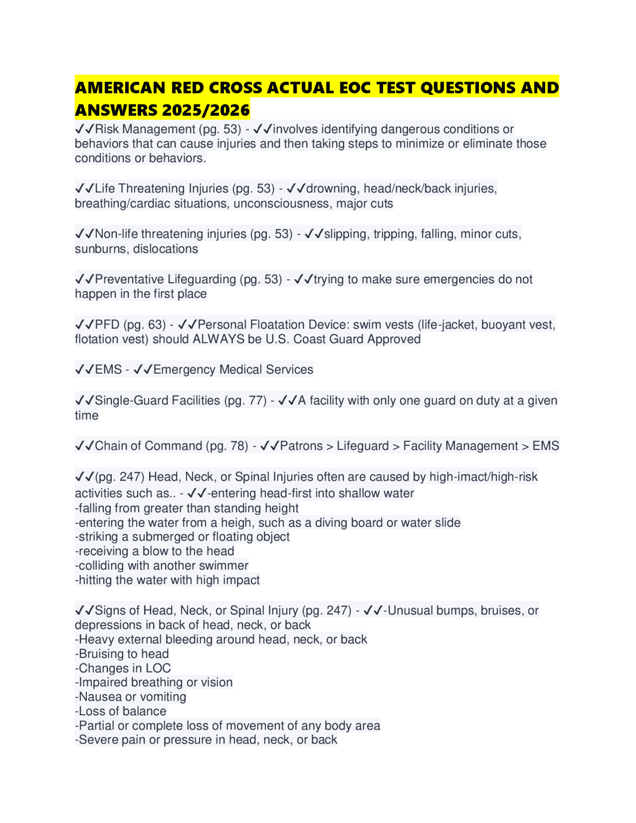 AMERICAN RED CROSS ACTUAL EOC TEST QUESTIONS AND ANSWERS 2025/2026 ...