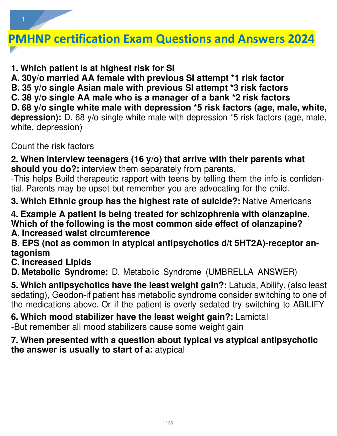 PMHNP certification Exam Questions and Answers | Exams Nursing | Docsity