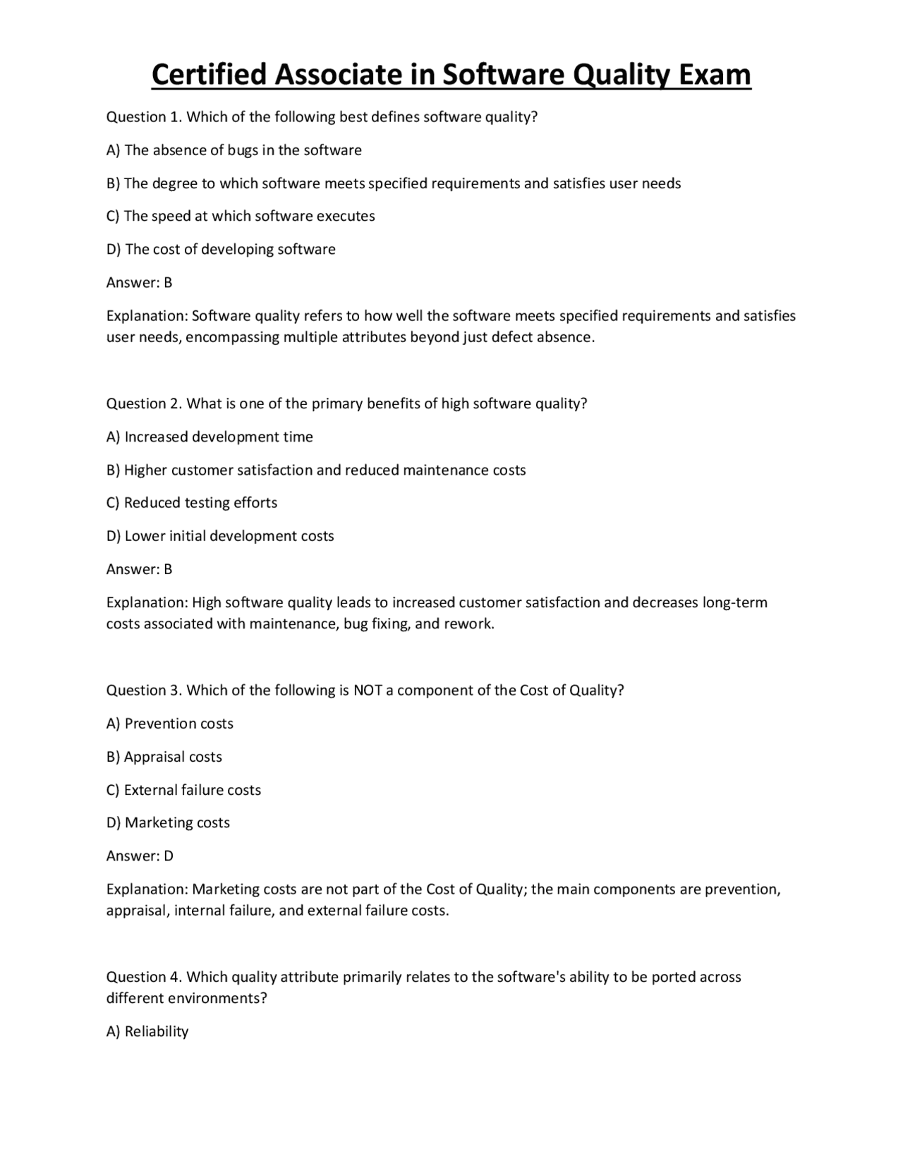Software Qualification Test Format Certified Associate in Software Quality Exam | Exams Technology | Docsity