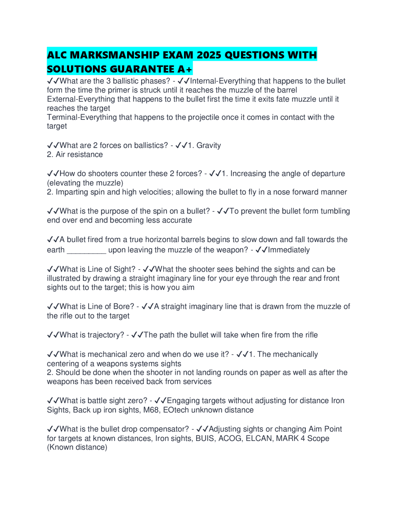 ALC MARKSMANSHIP EXAM 2025 QUESTIONS WITH SOLUTIONS GUARANTEE A+ ...