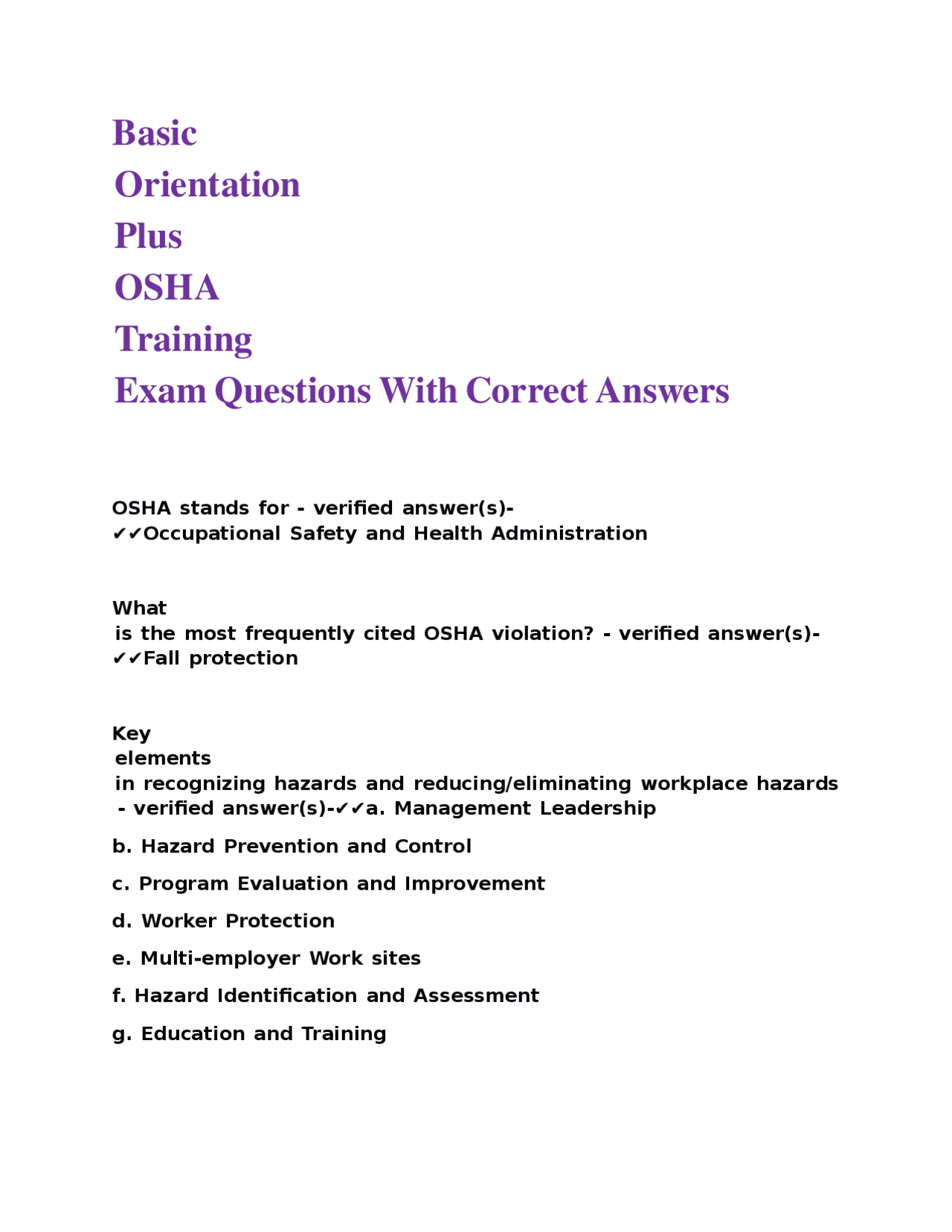 Basic Orientation Plus OSHA Training Exam Questions With Correct ...