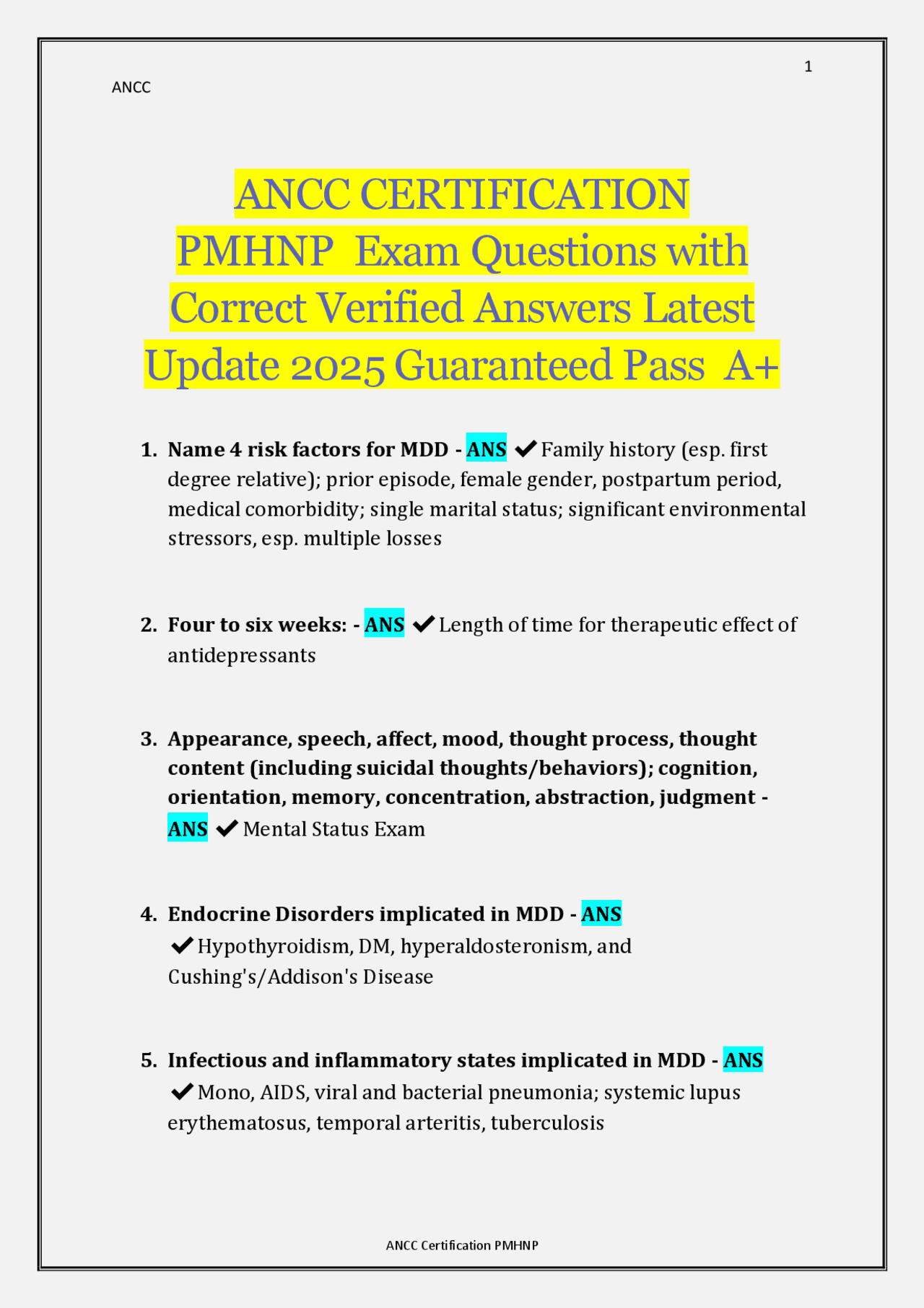 ANCC CERTIFICATION PMHNP Exam Questions with Correct Verified Answers ...