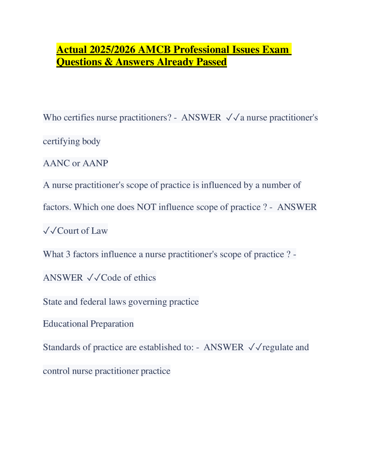 Actual 2025/2026 AMCB Professional Issues Exam Questions & Answers ...