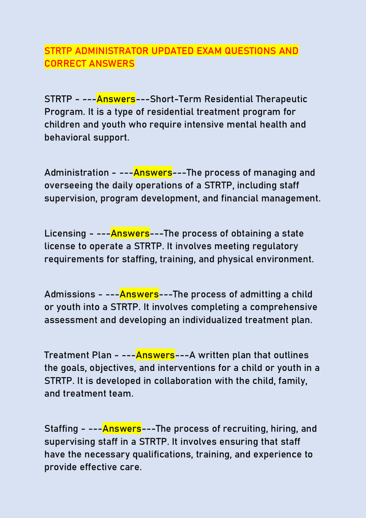 STRTP ADMINISTRATOR UPDATED EXAM QUESTIONS AND CORRECT ANSWERS | Exams ...