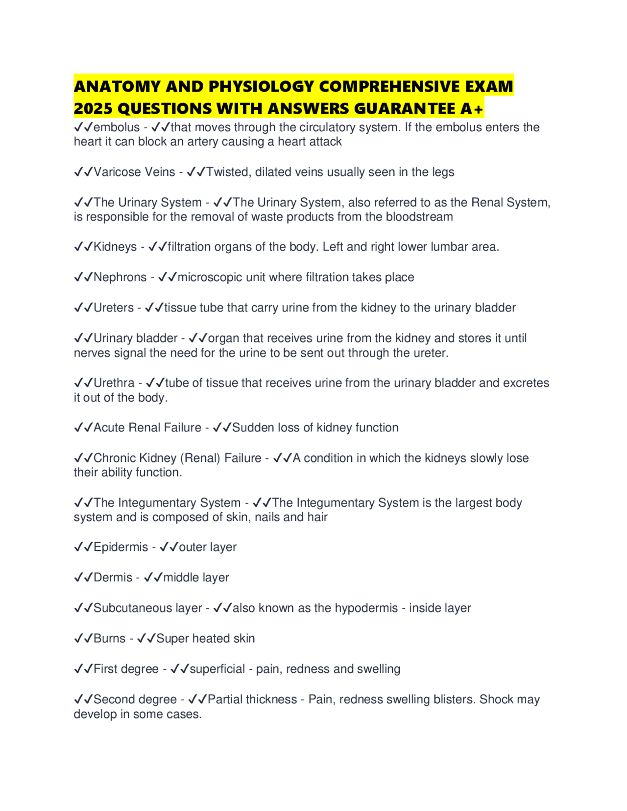 ANATOMY AND PHYSIOLOGY COMPREHENSIVE EXAM 2025 QUESTIONS WITH ANSWERS ...