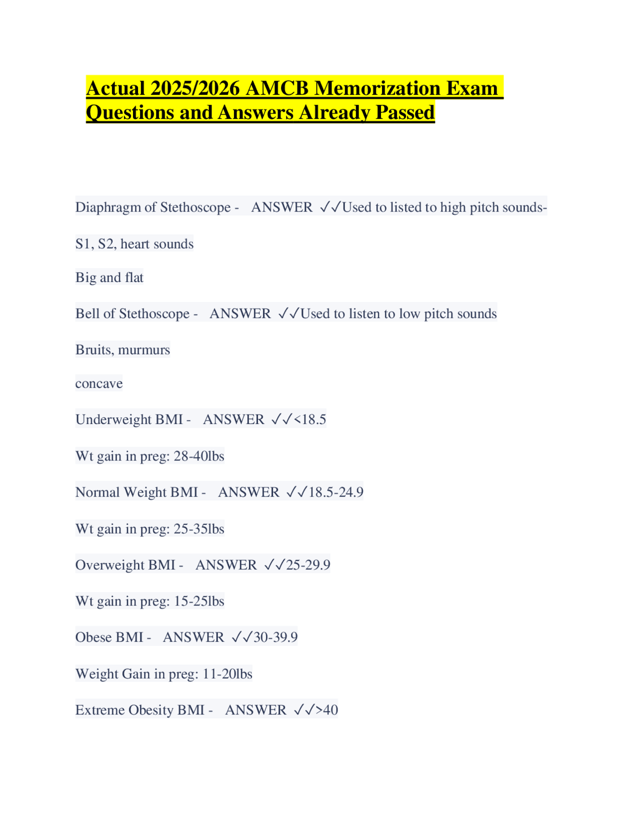 Actual 2025/2026 AMCB Memorization Exam Questions and Answers Already ...