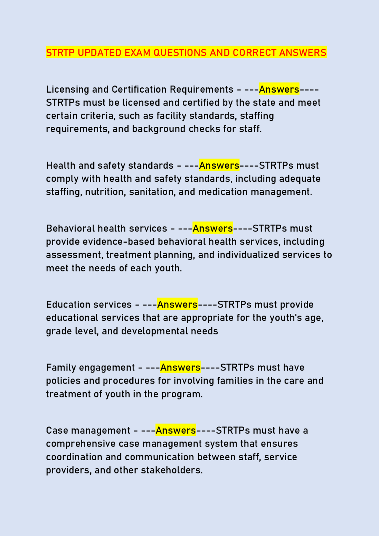 STRTP UPDATED EXAM QUESTIONS AND CORRECT ANSWERS | Exams Nursing | Docsity