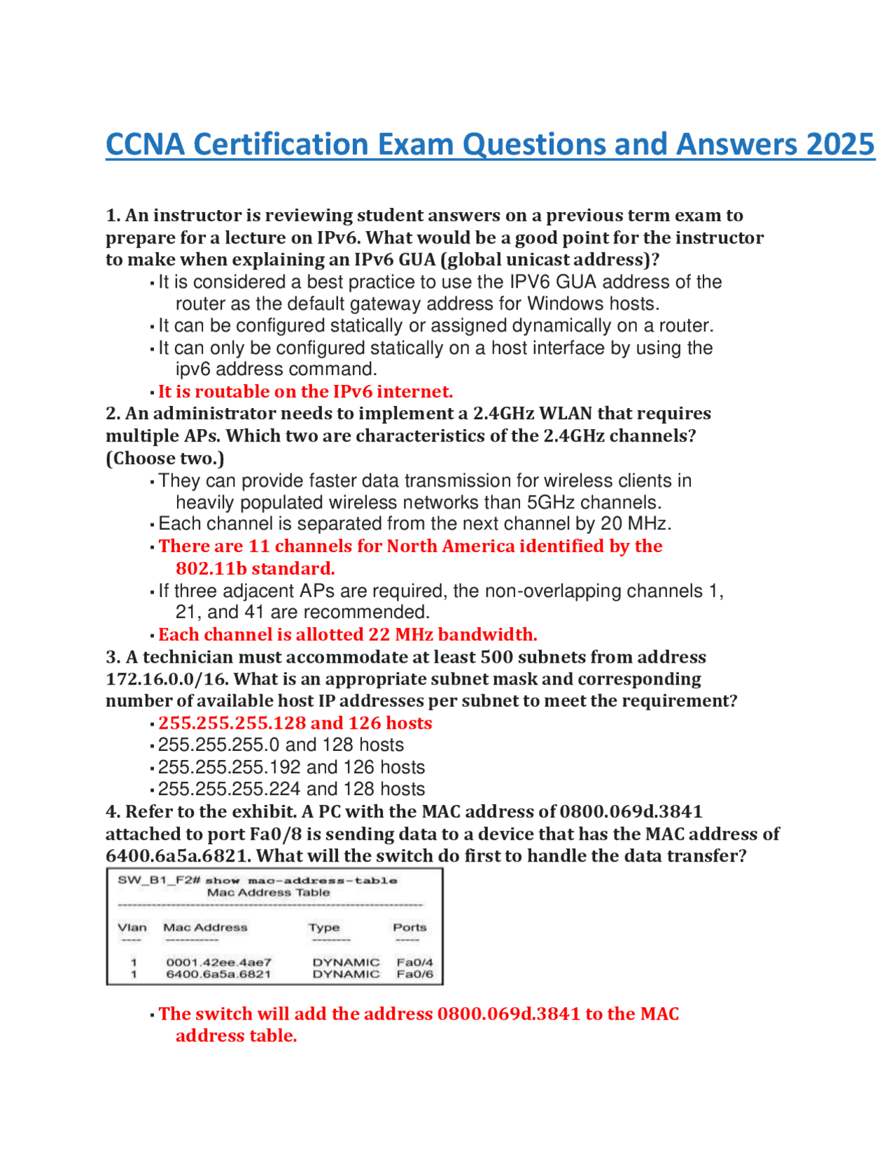 CCNA Certification Exam Q&A: Network Fundamentals | Exams Nursing | Docsity