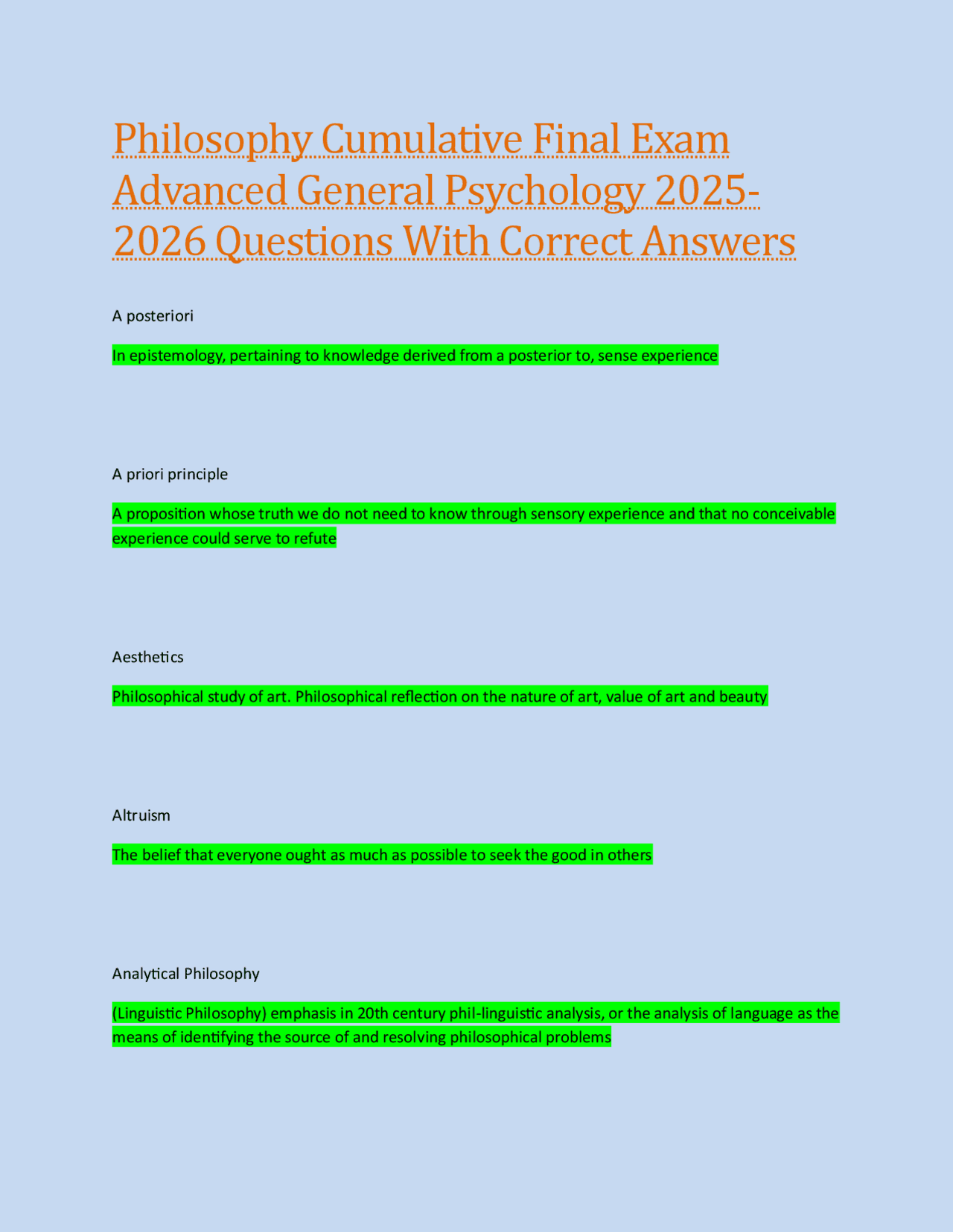 Philosophy Cumulative Final Exam Advanced General Psychology 2025-2026 ...
