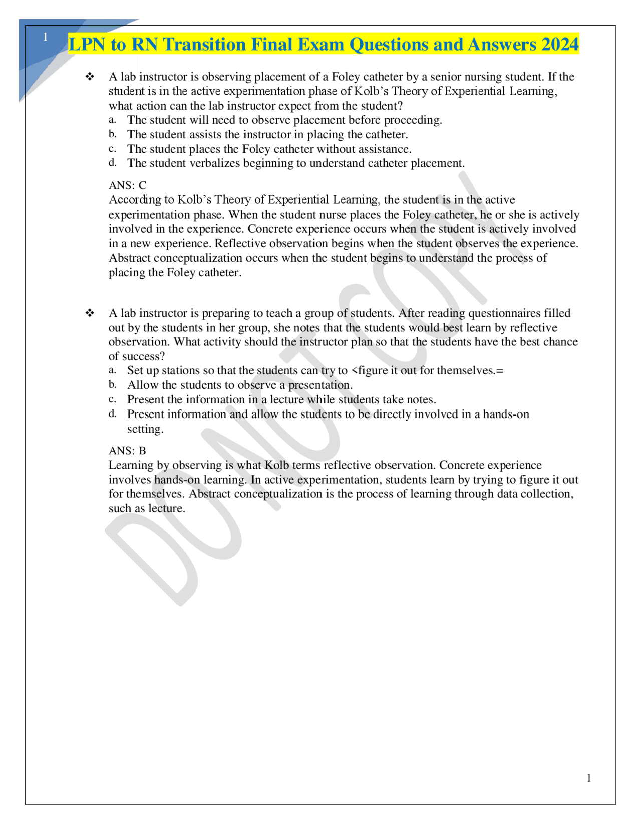 LPN to RN Transition Exam Prep: Questions and Answers 2024 | Exams ...