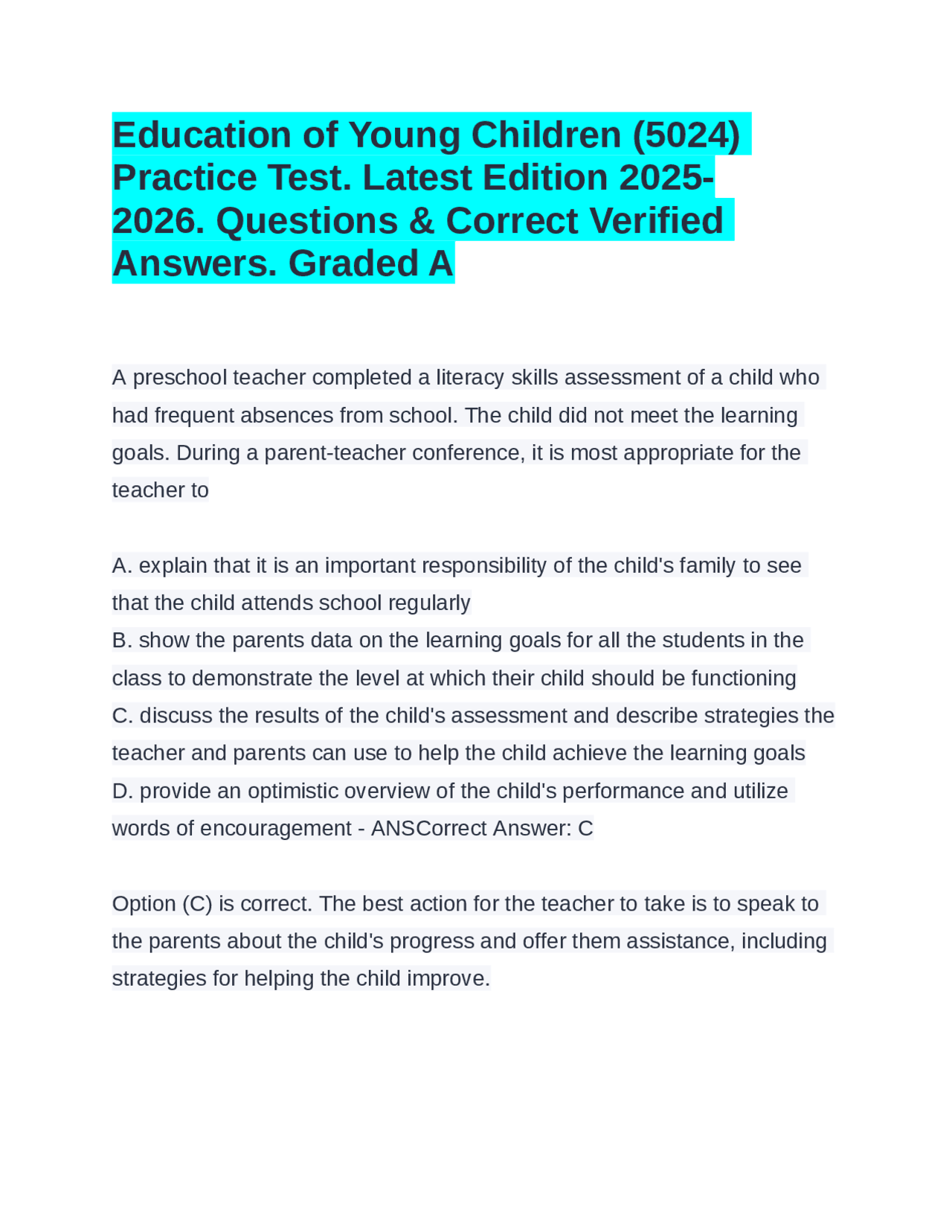 Education of Young Children Practice Test: Questions & Answers (Latest ...