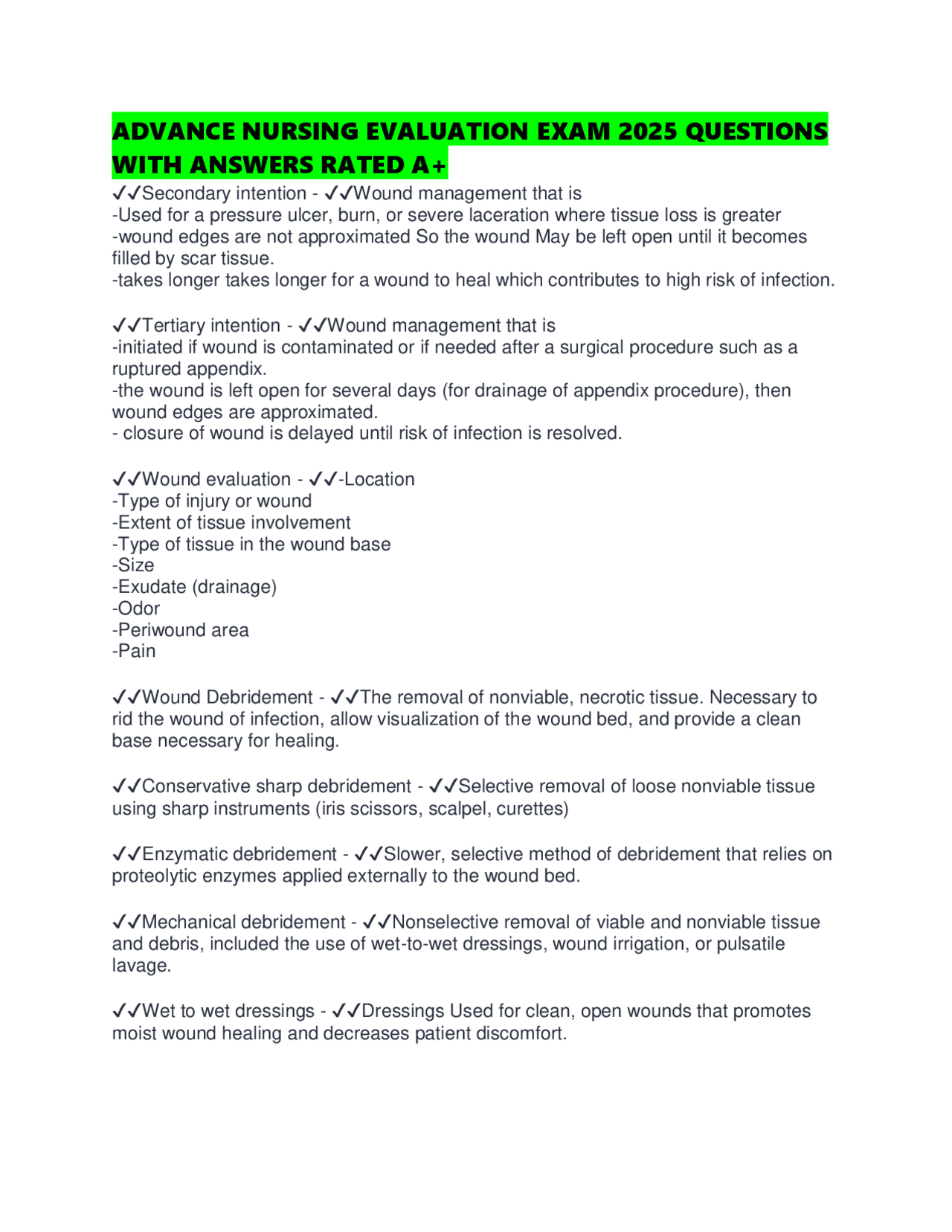 ADVANCE NURSING EVALUATION EXAM 2025 QUESTIONS WITH ANSWERS RATED A+ | Exams Nursing | Docsity