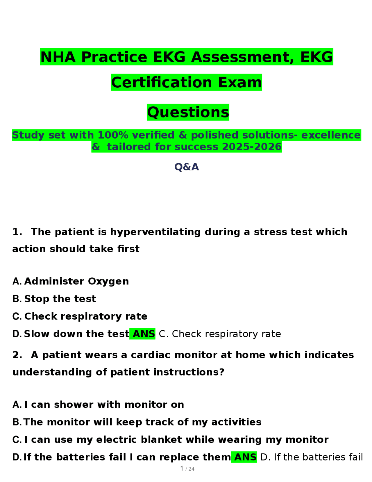 NHA Practice EKG Assessment, EKG Certification Exam Questions Study set ...
