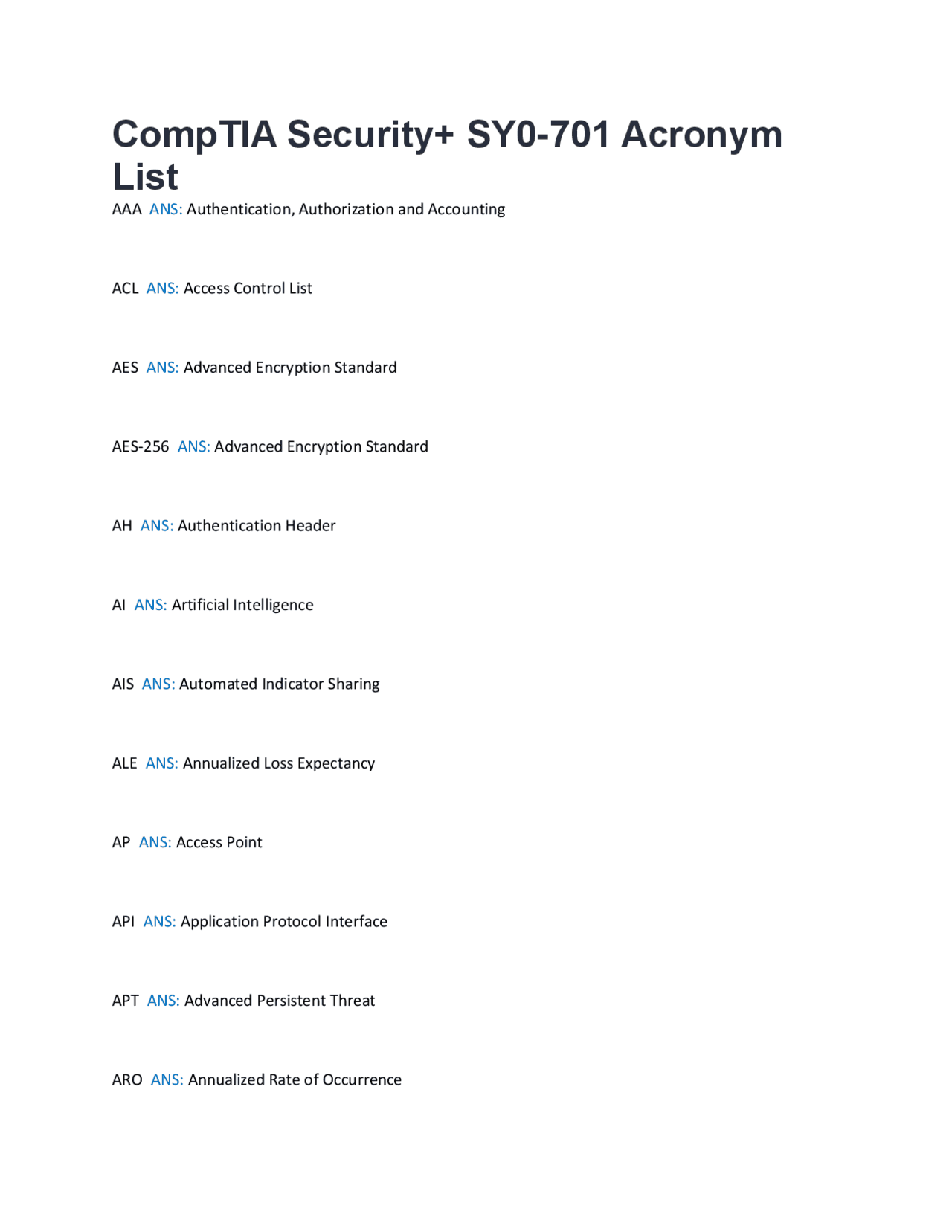 CompTIA Security+ SY0-701 Acronym List | Exams Computer Security | Docsity