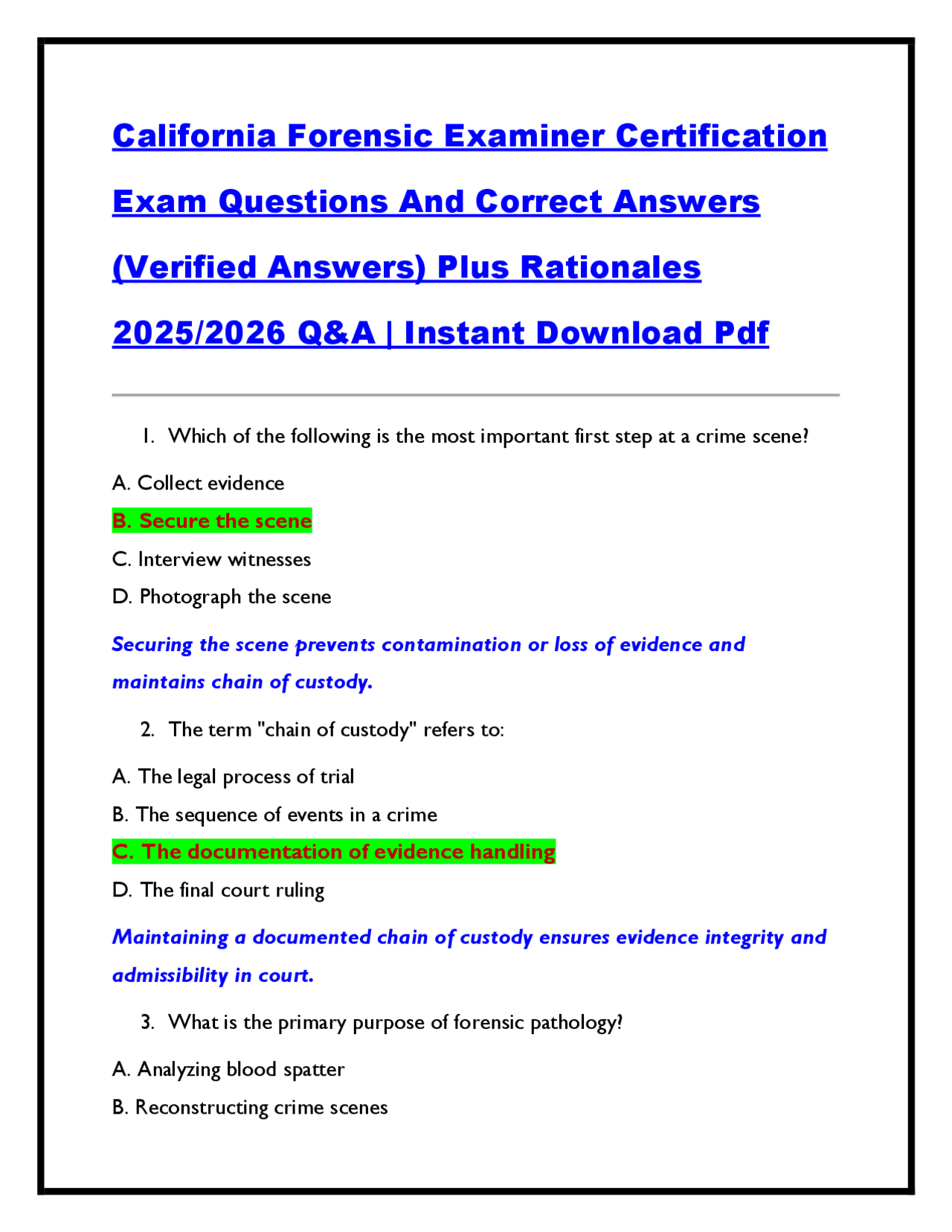 California Forensic Examiner Certification Exam Questions And Correct ...