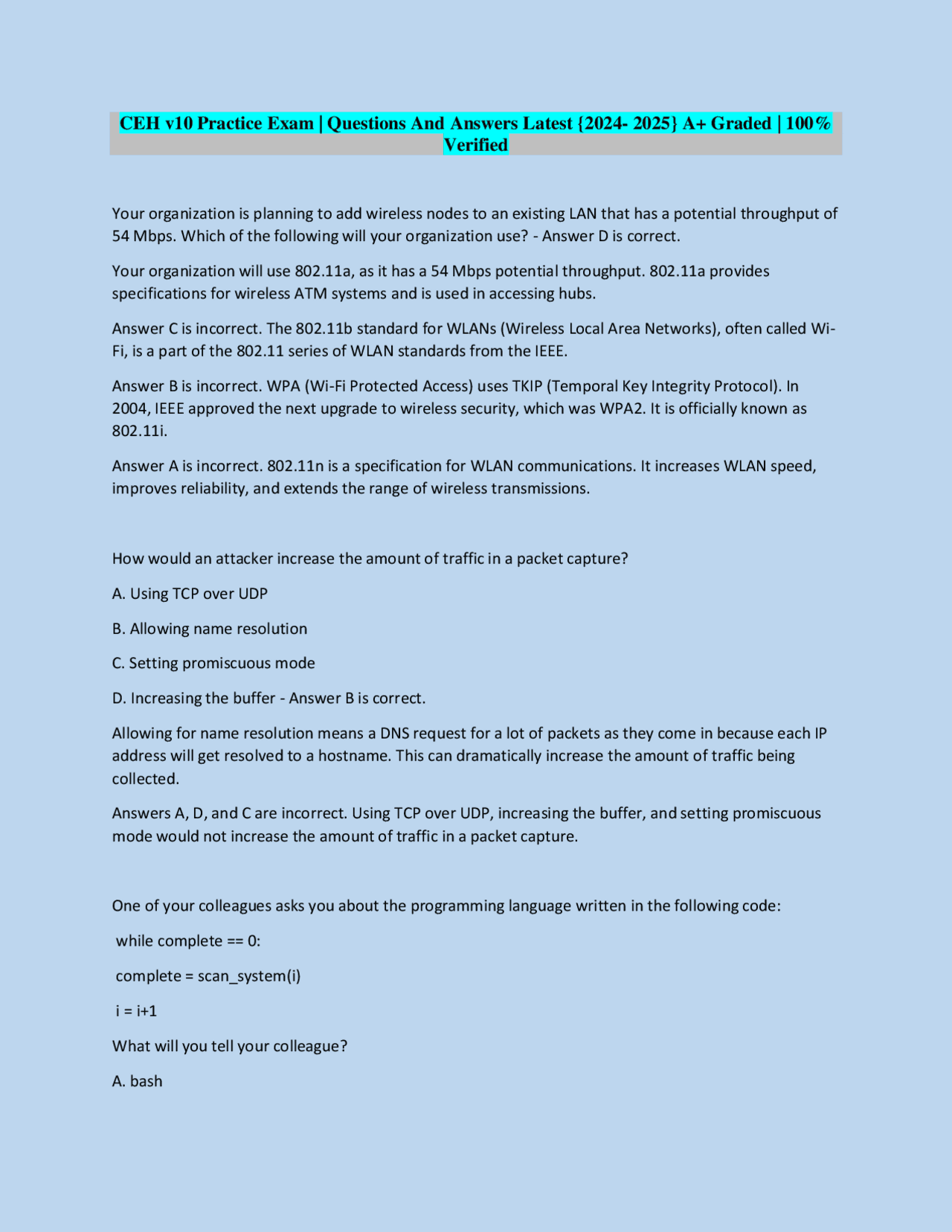 CEH v Practice Exam | Questions And Answers Latest { - } A+ Graded ...