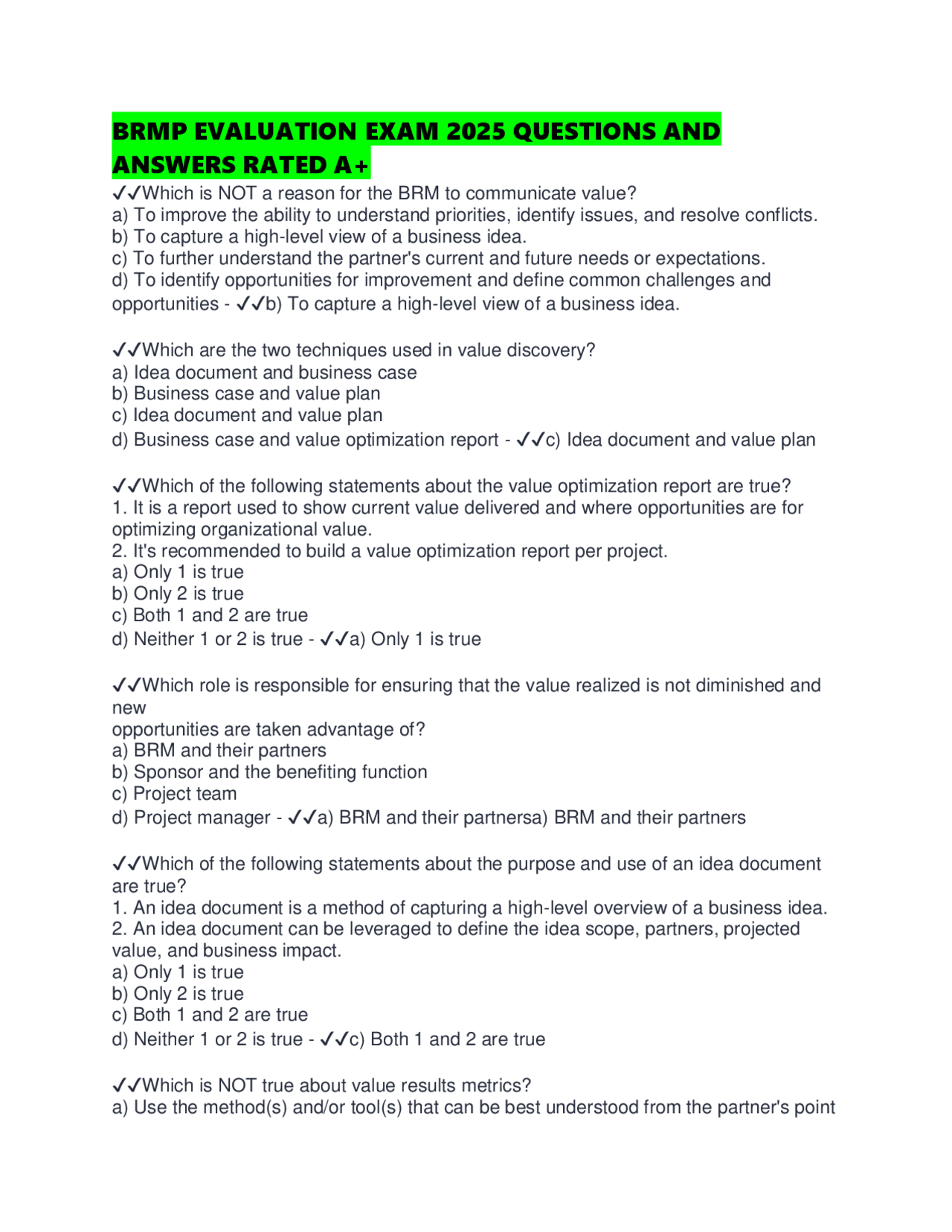 BRMP EVALUATION EXAM 2025 QUESTIONS AND ANSWERS RATED A+ | Exams ...