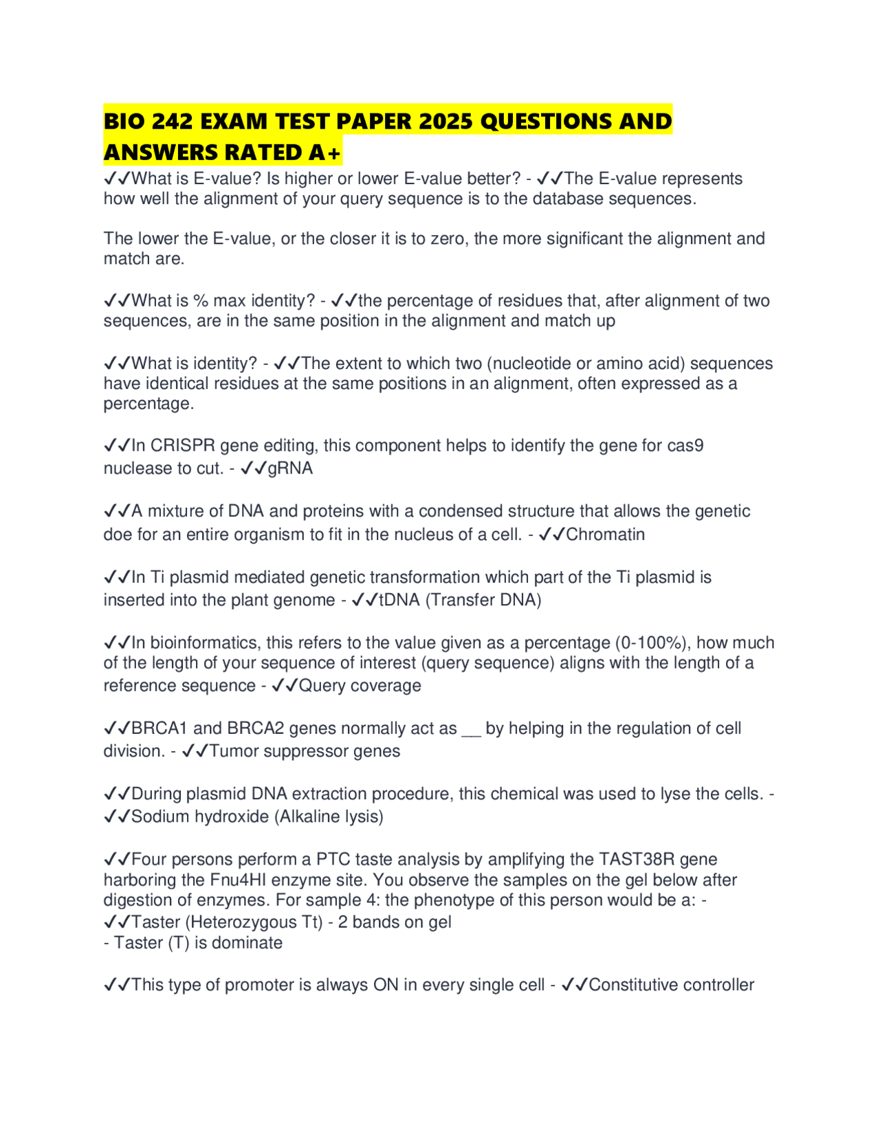 BIO 242 EXAM TEST PAPER 2025 QUESTIONS AND ANSWERS RATED A+ | Exams ...