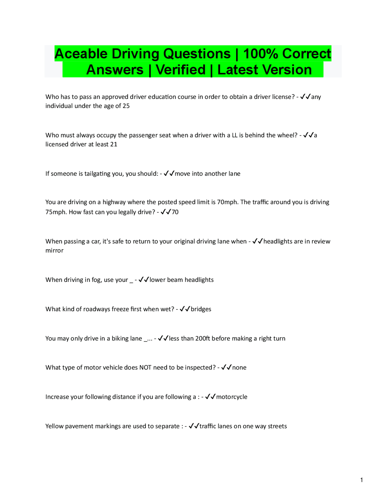 Aceable Driving Questions | 100% Correct Answers | Verified 2025/2026 ...