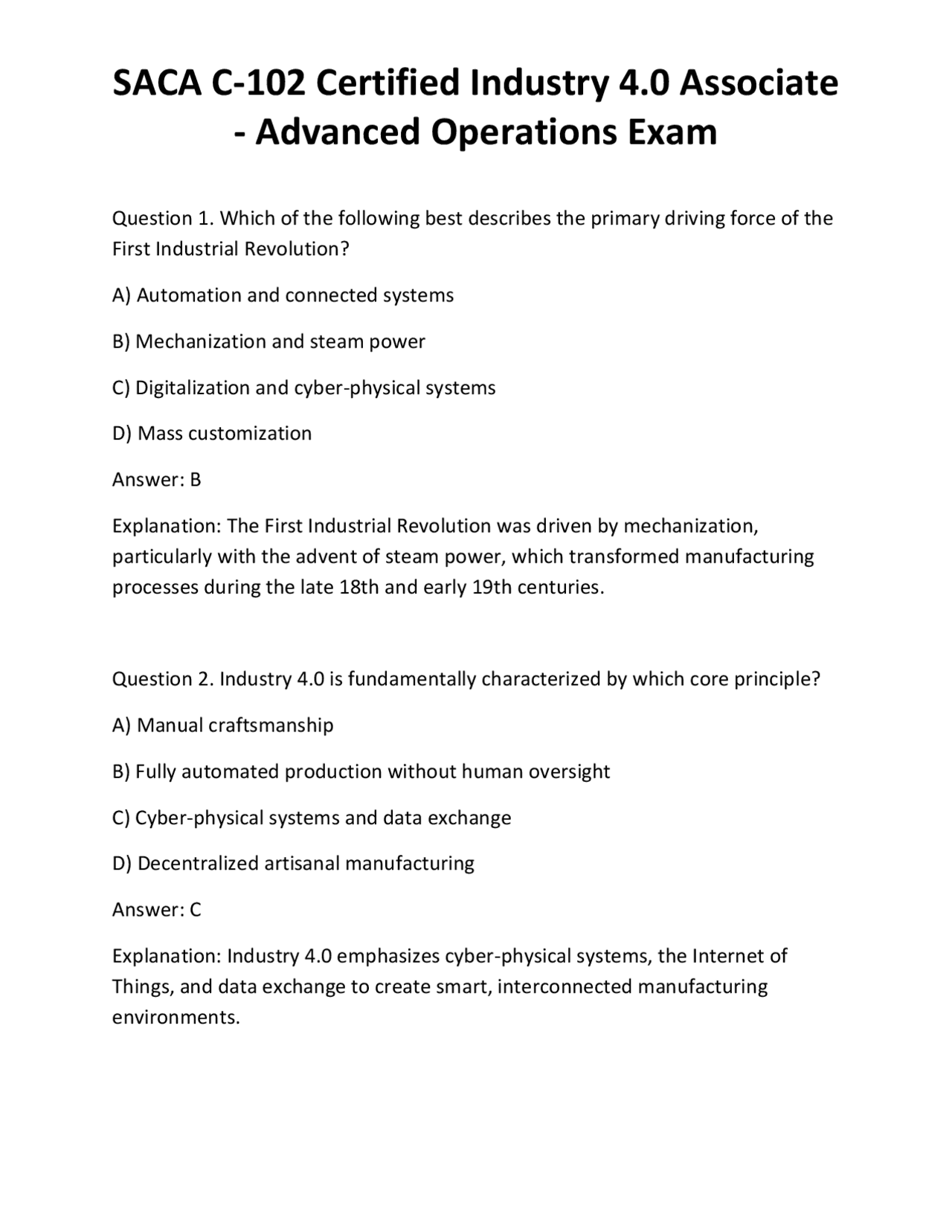 Saca Test Example SACA C- Certified Industry . Associate - Advanced Operations Exam ...
