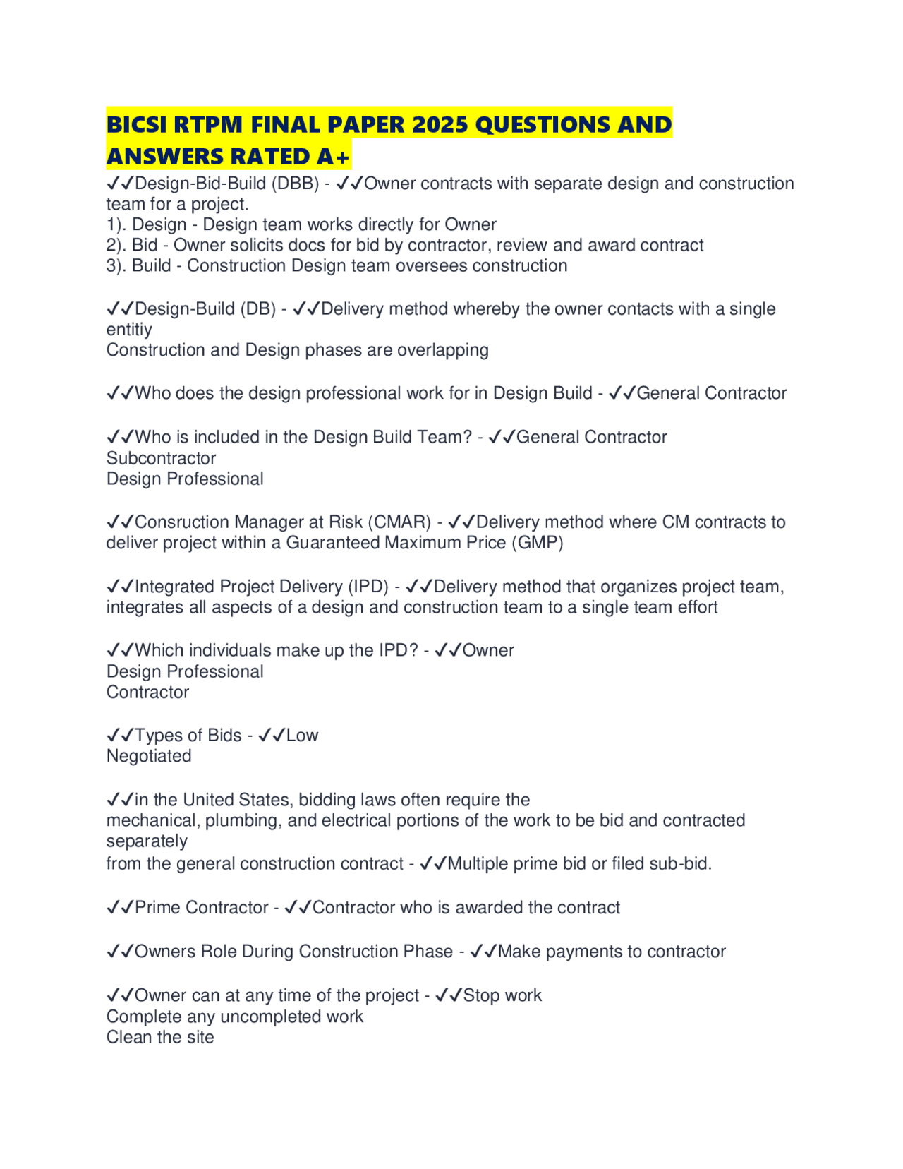 BICSI RTPM FINAL PAPER 2025 QUESTIONS AND ANSWERS RATED A+ | Exams ...