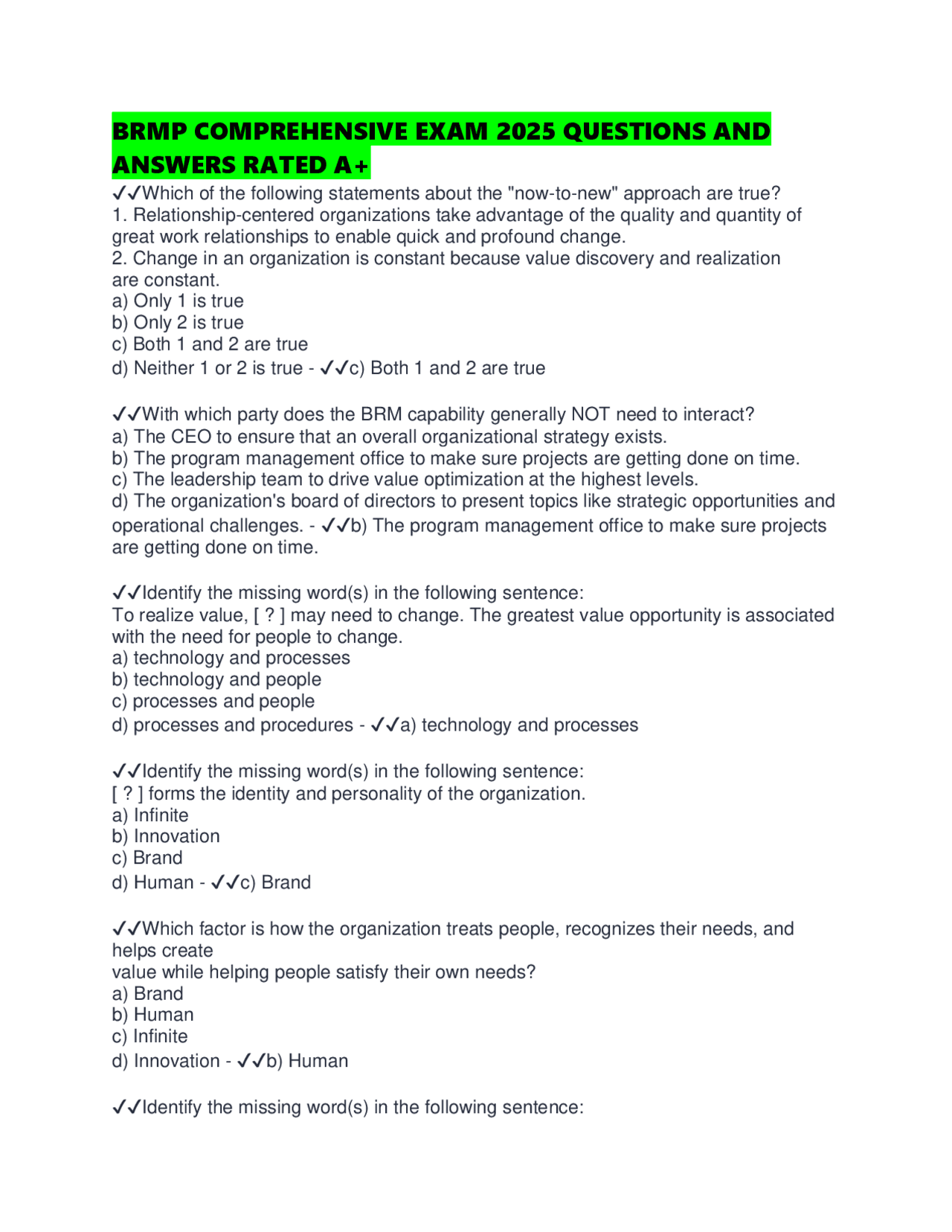 BRMP COMPREHENSIVE EXAM 2025 QUESTIONS AND ANSWERS RATED A+ | Exams ...
