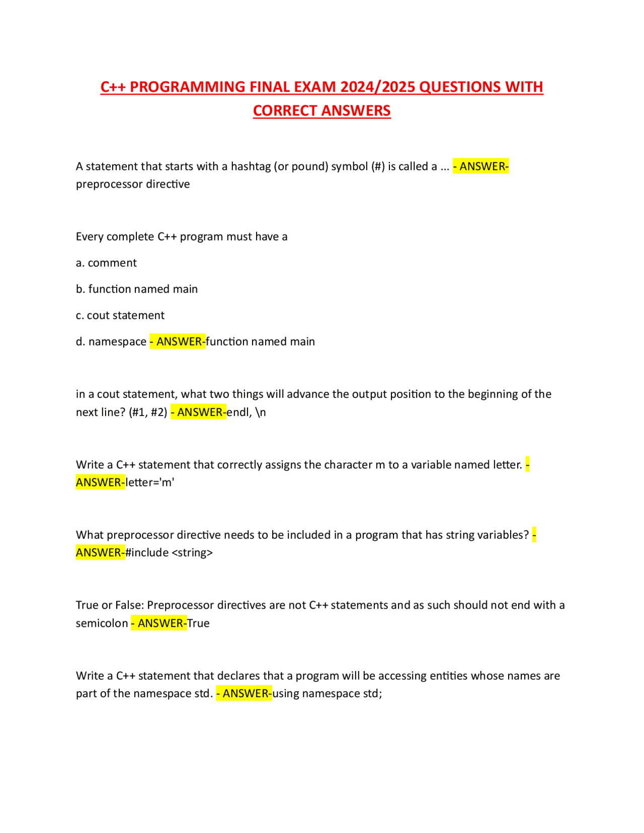 C++ Programming Final Exam Questions and Answers 2024/2025 | Exams ...