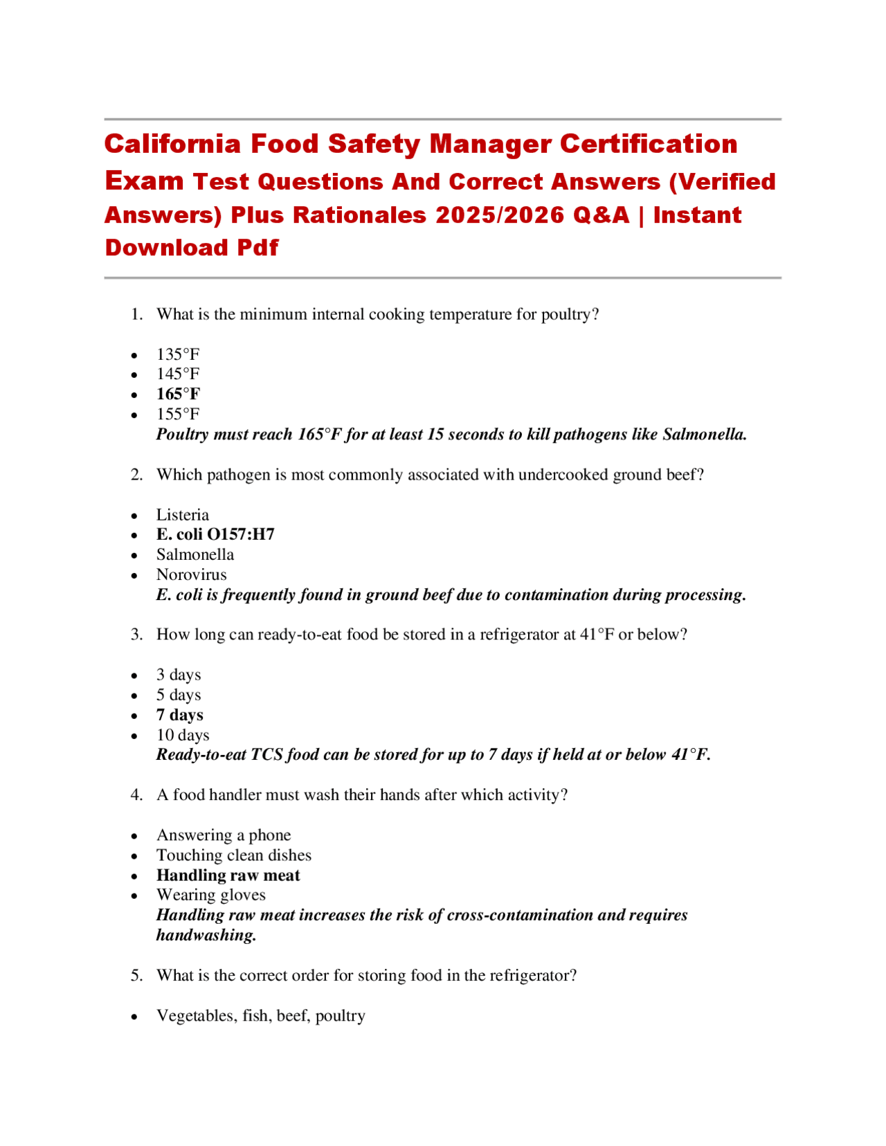 California Food Safety Manager Certification Exam Test Questions And ...