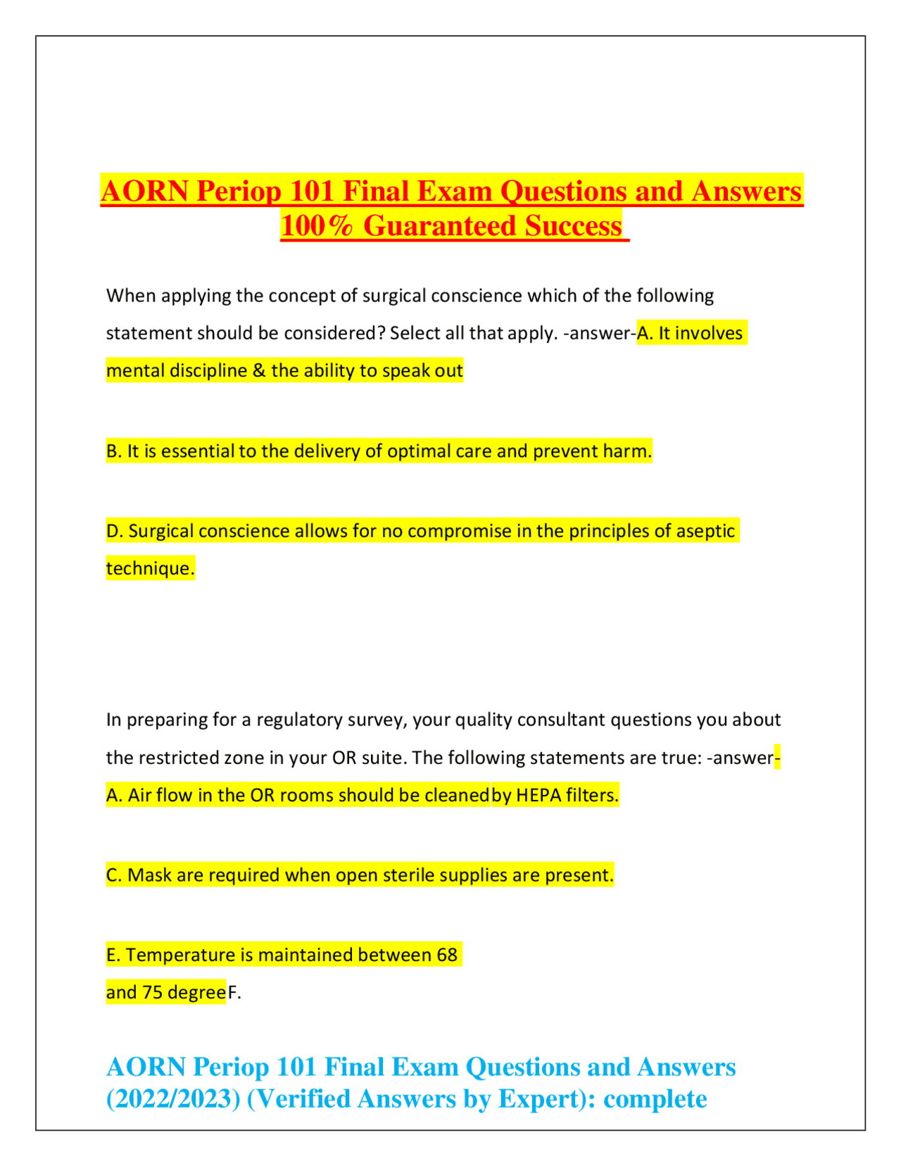 AORN Periop Final Exam Questions and Answers % Guaranteed Success ...