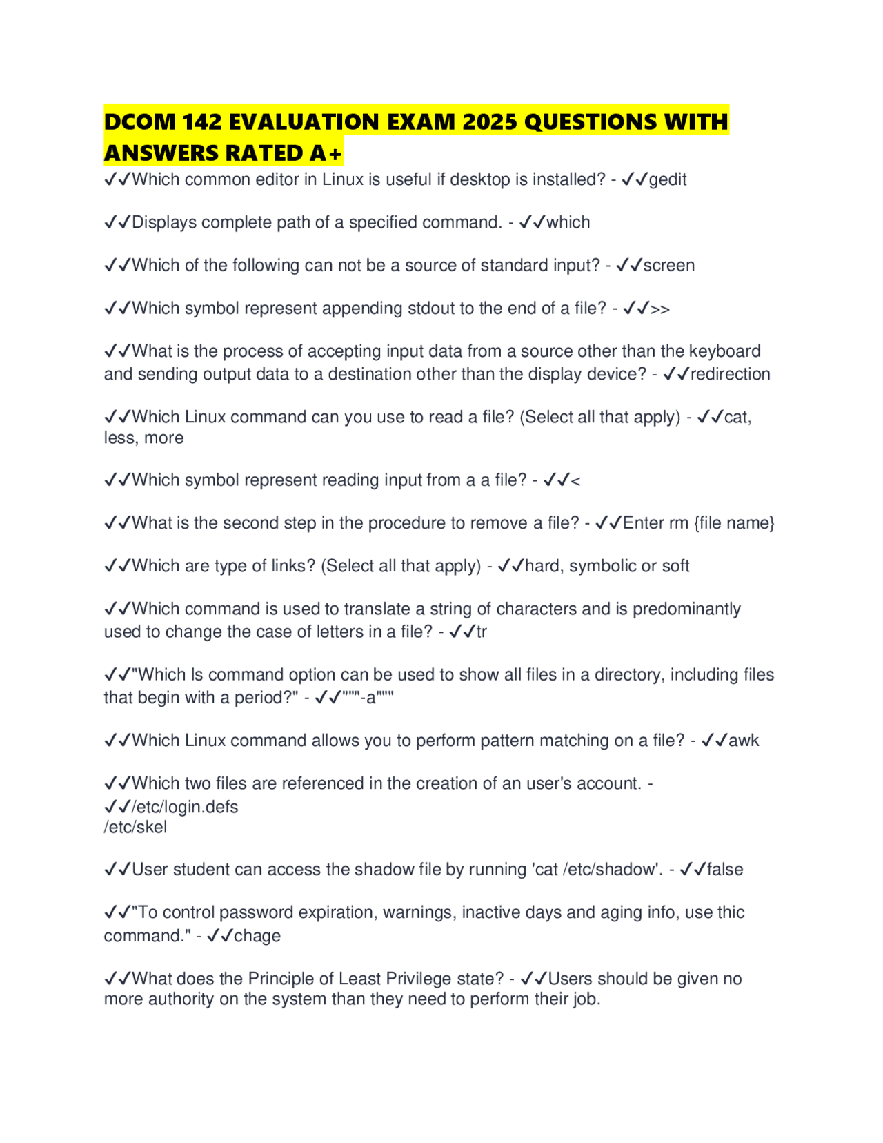 DCOM EVALUATION EXAM QUESTIONS WITH ANSWERS RATED A+ | Exams Digital ...