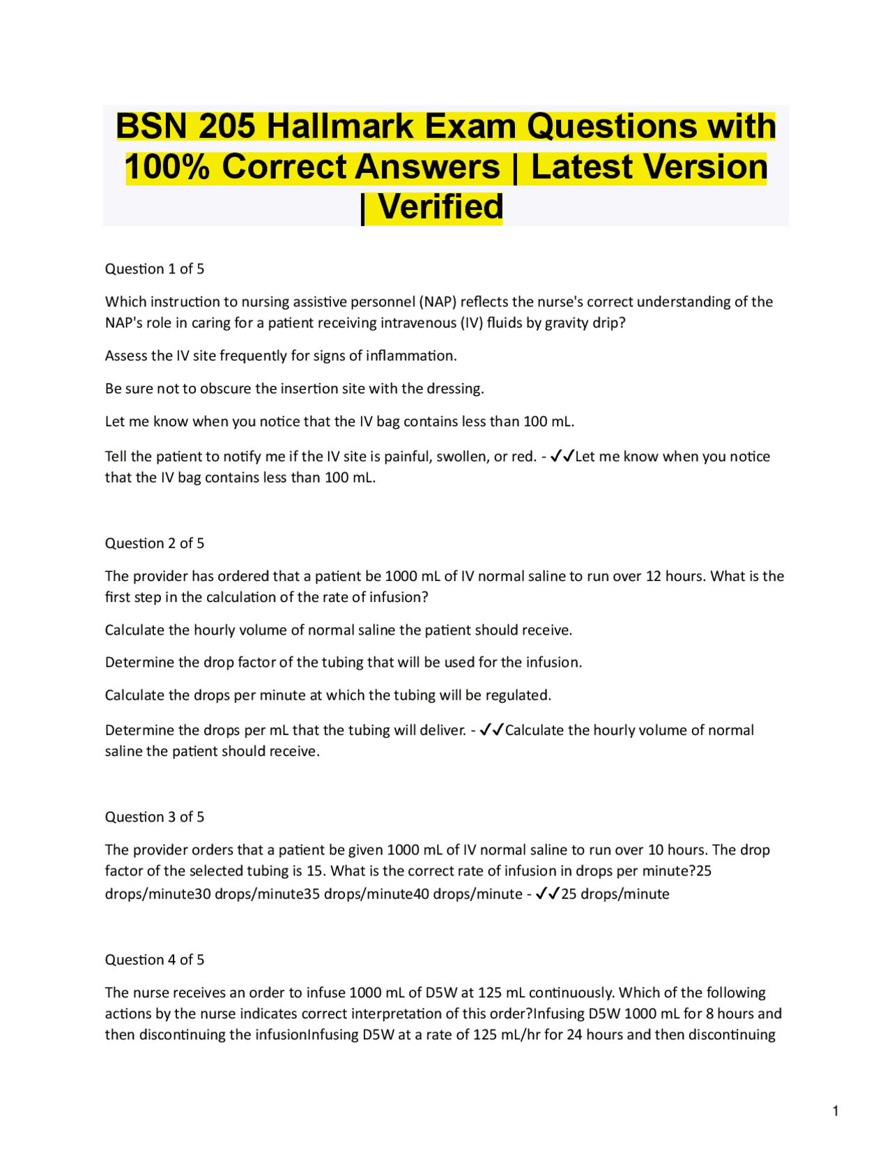 BSN Hallmark Exam | IV Therapy & Delegation | Verified Nursing Answers ...