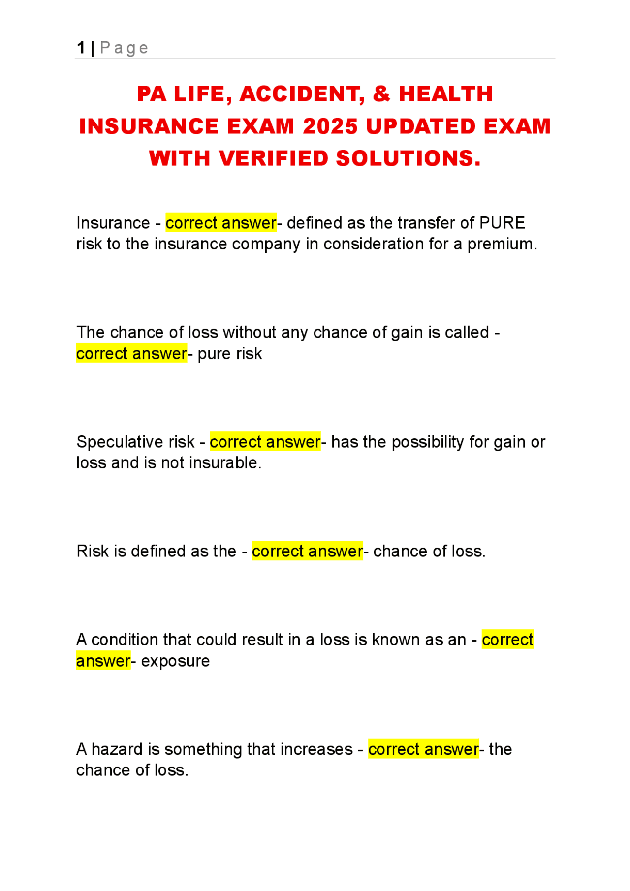 PA Life, Accident, &amp; Health Insurance Exam Prep 2025 | Exams Social Sciences | Docsity