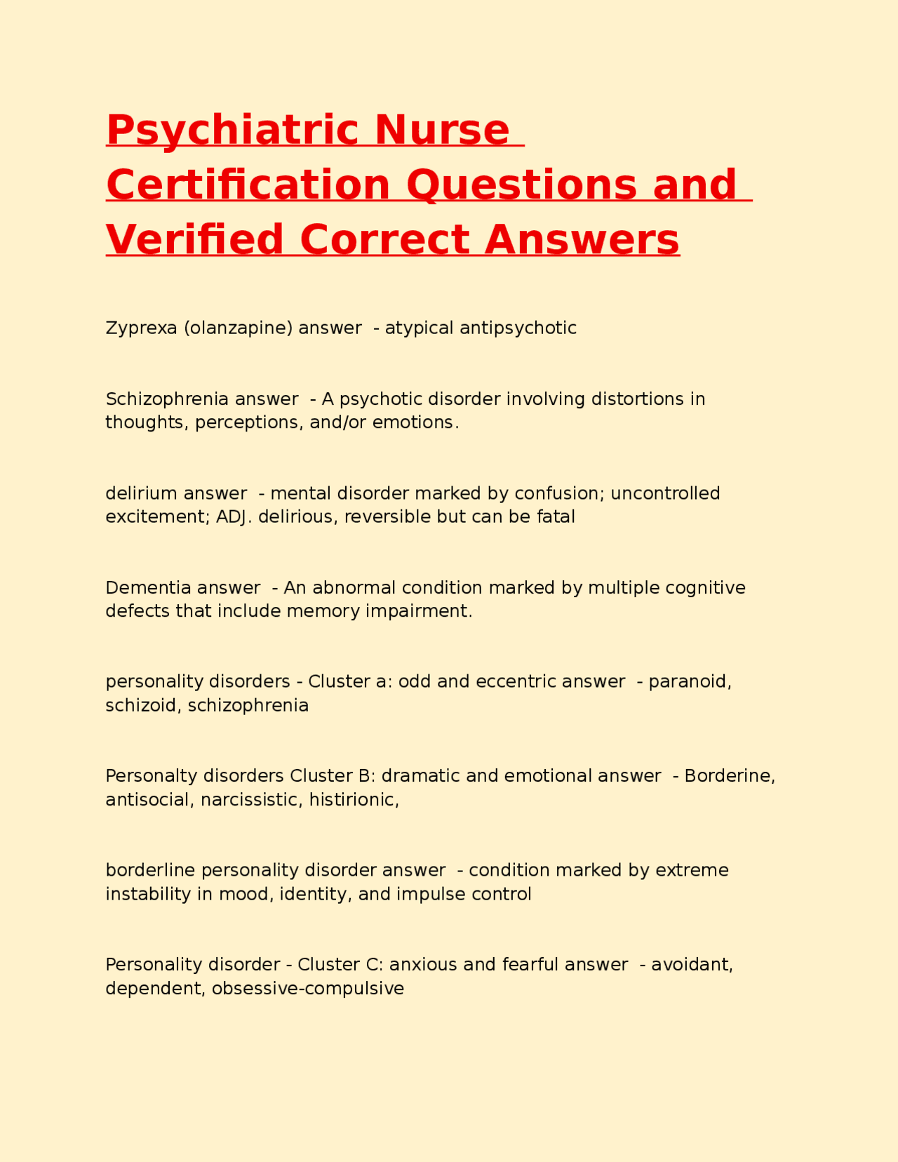 Psychiatric Nurse Certification Questions and Verified Correct Answers ...