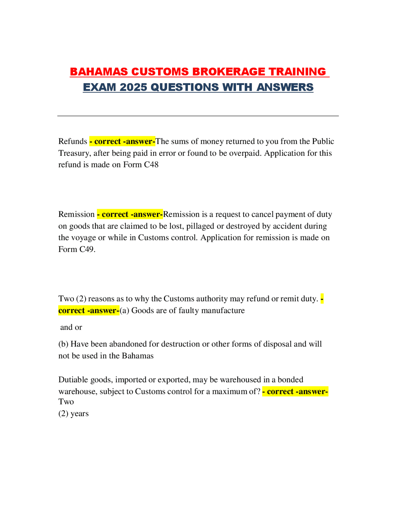 BAHAMAS CUSTOMS BROKERAGE TRAINING EXAM QUESTIONS WITH ANSWERS | Exams ...