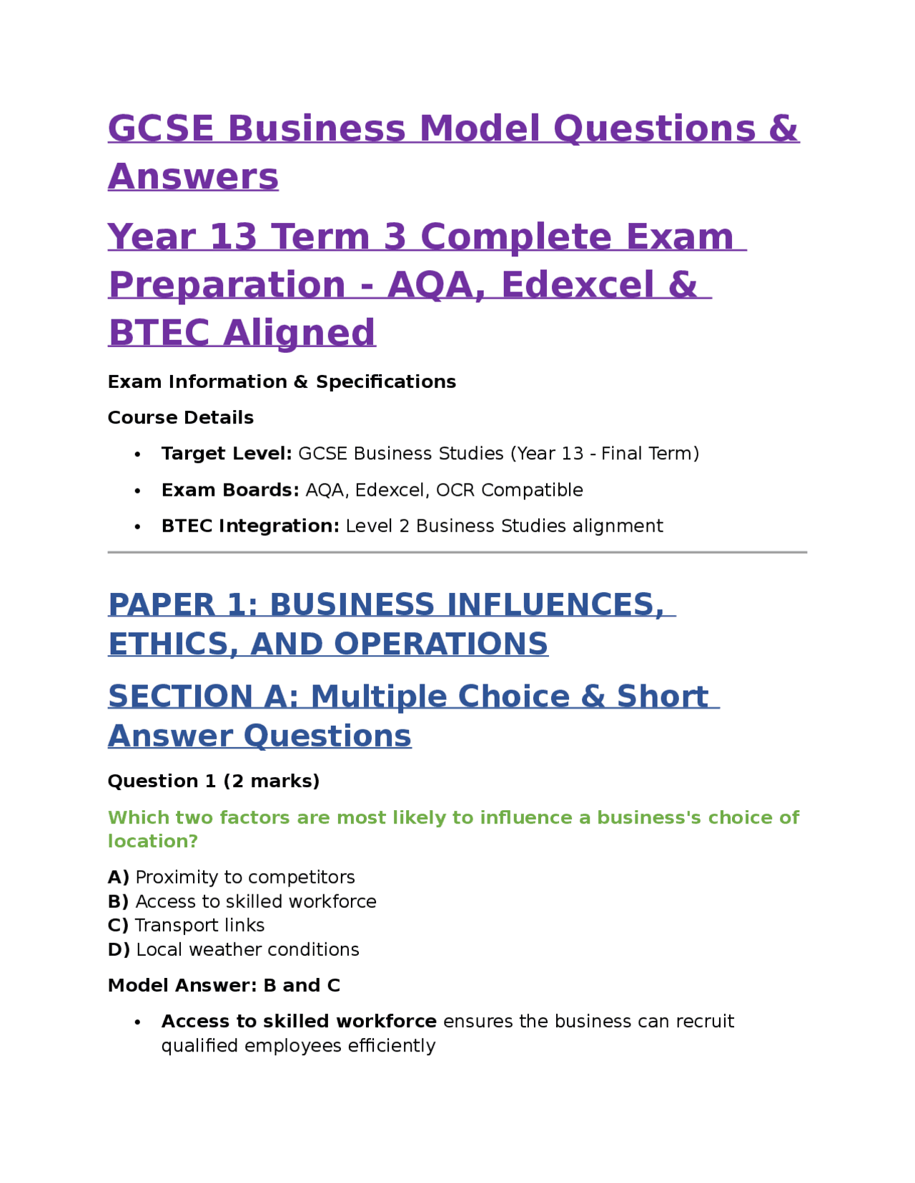 GCSE Business Studies Exam Questions and Model Answers | Exams Business ...