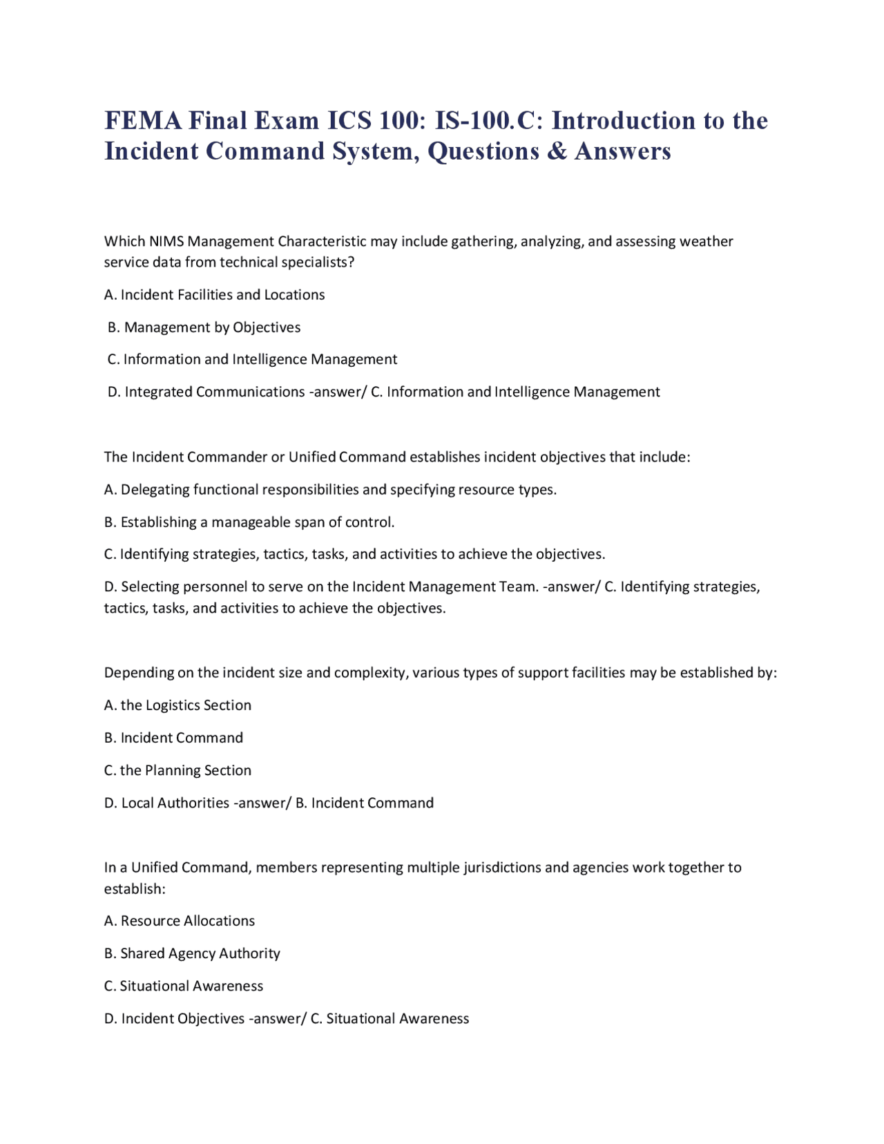 FEMA ICS 100 Final Exam: Incident Command System Q&A | Exams Materials ...