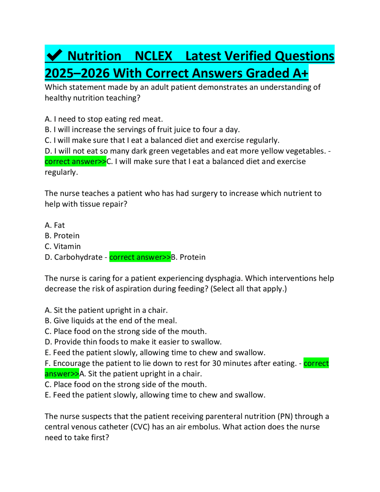 Nutrition NCLEX Practice Questions and Answers 2025-2026 | Exams ...